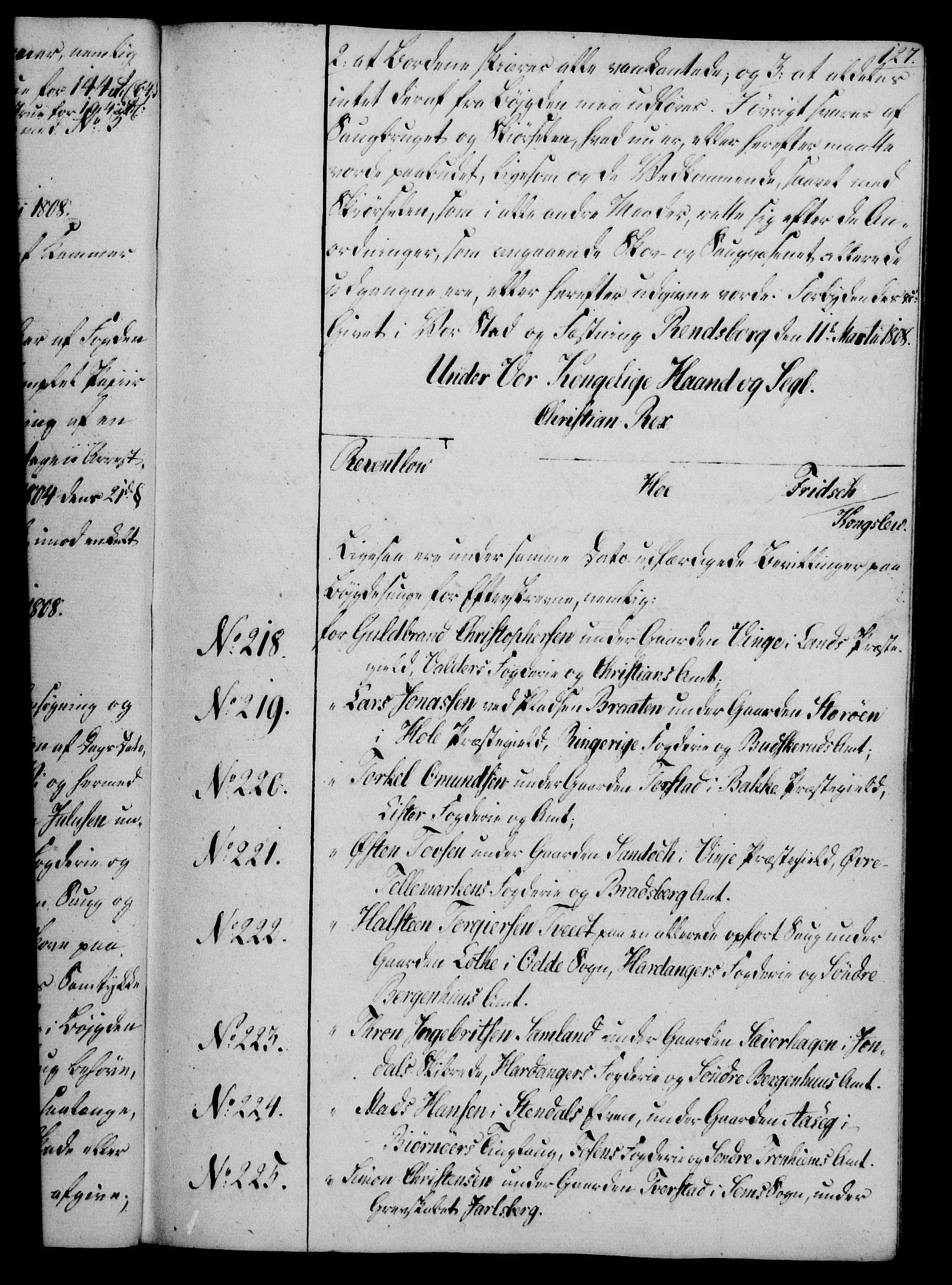 Rentekammeret, Kammerkanselliet, RA/EA-3111/G/Gg/Gga/L0019: Norsk ekspedisjonsprotokoll med register (merket RK 53.19), 1807-1810, p. 127