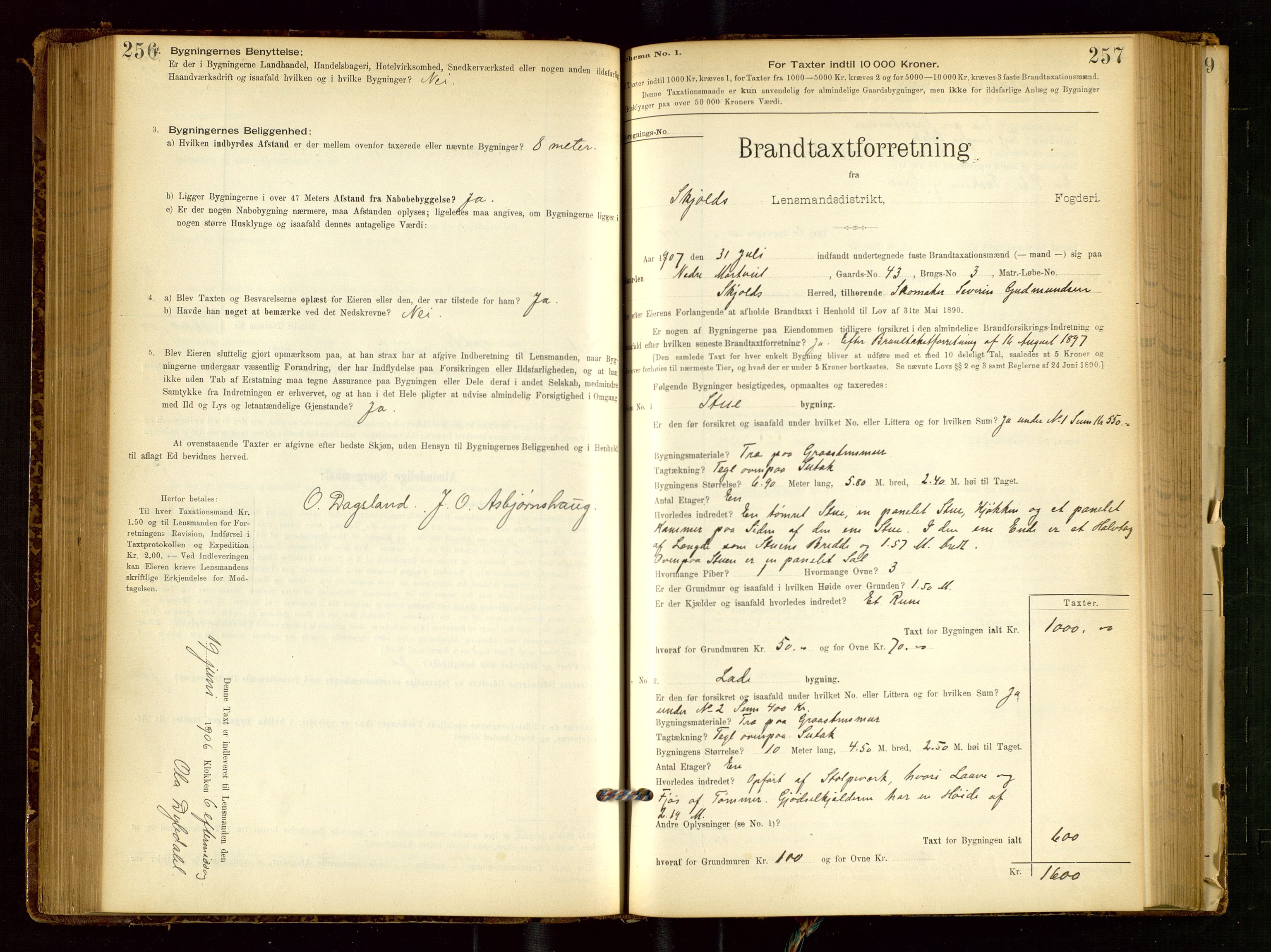 Skjold lensmannskontor, SAST/A-100182/Gob/L0001: "Brandtaxationsprotokol for Skjold Lensmandsdistrikt Ryfylke Fogderi", 1894-1939, p. 256-257