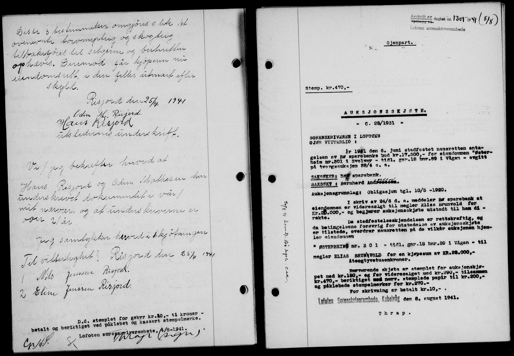 Lofoten sorenskriveri, SAT/A-0017/1/2/2C/L0008a: Mortgage book no. 8a, 1940-1941, Diary no: : 1301/1941