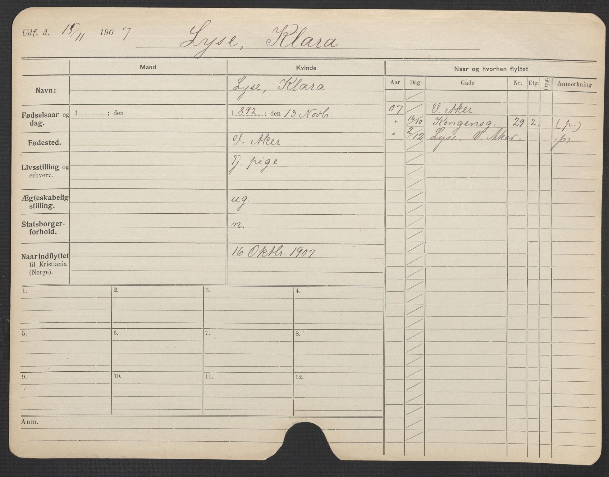 Oslo folkeregister, Registerkort, AV/SAO-A-11715/F/Fa/Fac/L0020: Kvinner, 1906-1914, p. 372a