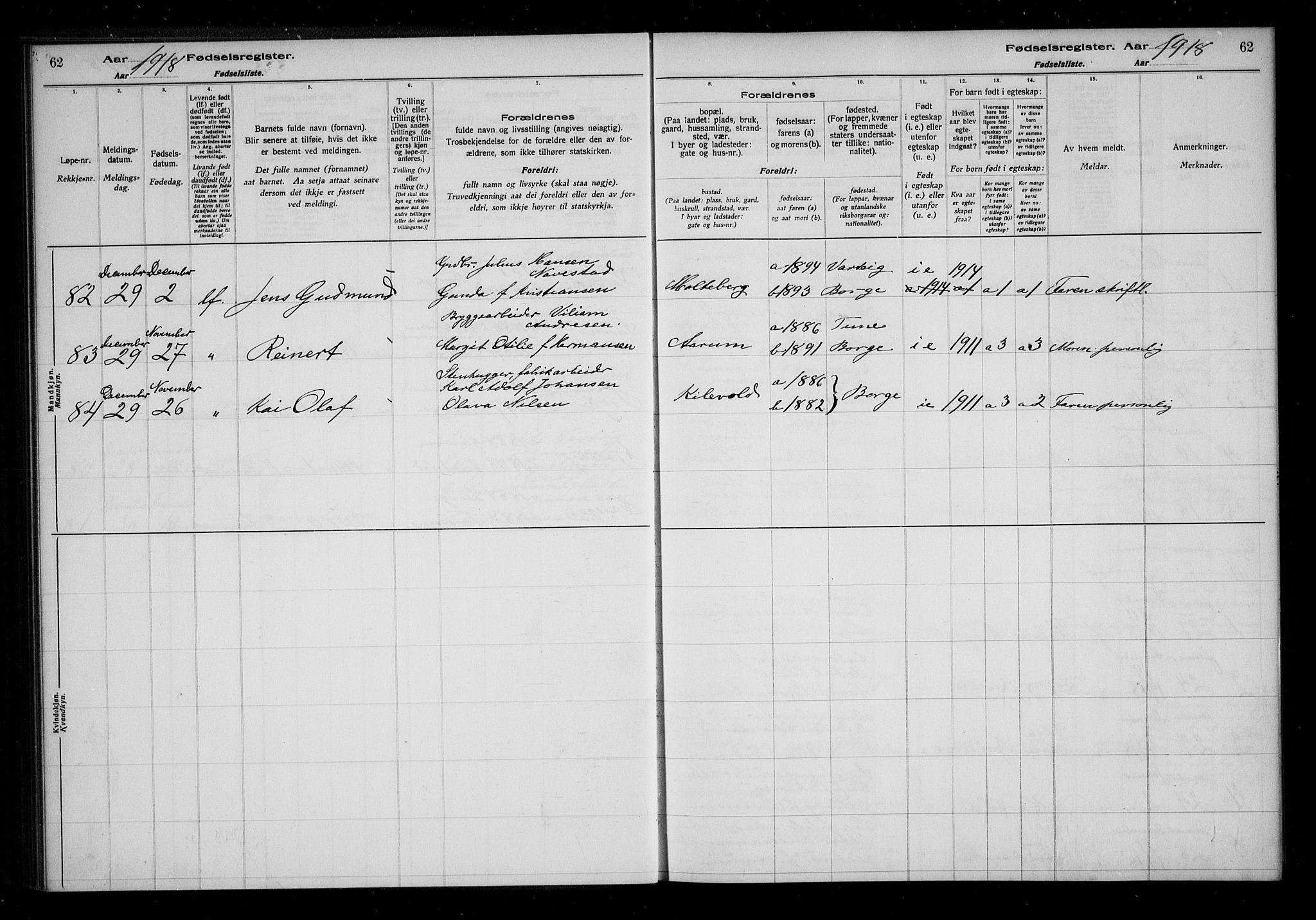 Borge prestekontor Kirkebøker, AV/SAO-A-10903/J/Ja/L0001: Birth register no. I 1, 1916-1925, p. 62