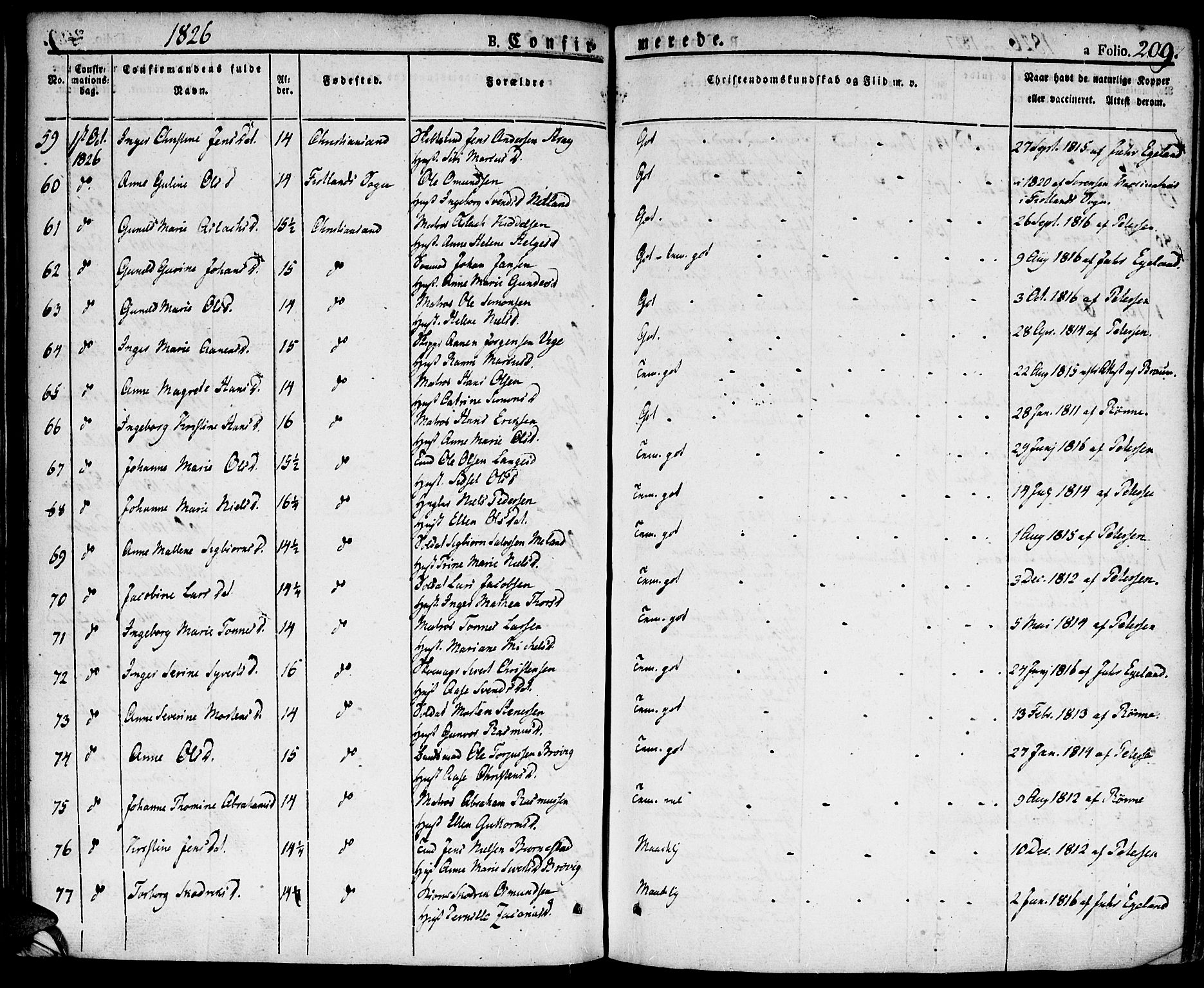 Kristiansand domprosti, SAK/1112-0006/F/Fa/L0009: Parish register (official) no. A 9, 1821-1827, p. 209