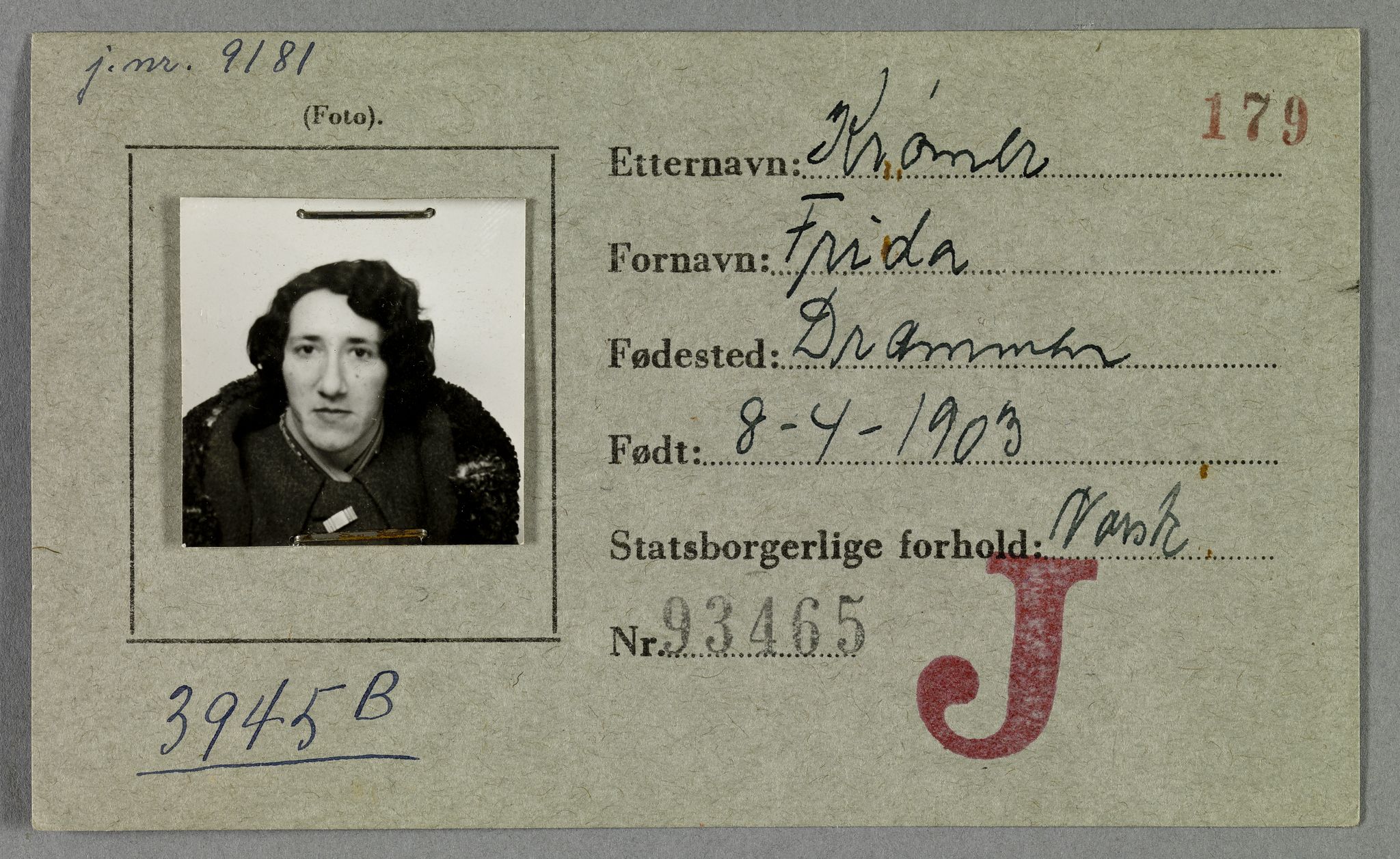 Sosialdepartementet, Våre Falne, RA/S-1708/E/Ee/L0021A: Fotografier av jøder på legitimasjonskort (1941-42), 1941-1942, p. 223