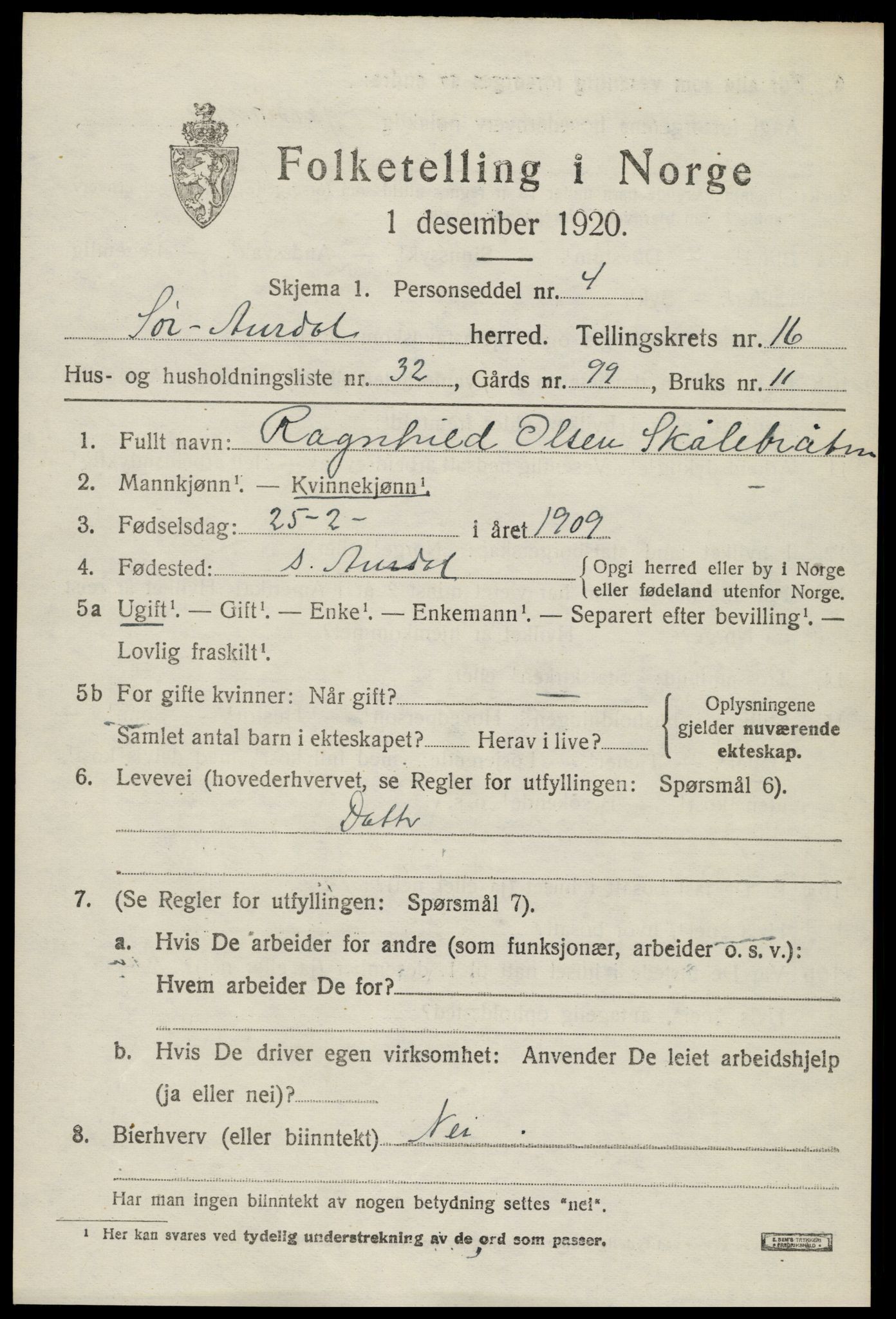 SAH, 1920 census for Sør-Aurdal, 1920, p. 9613