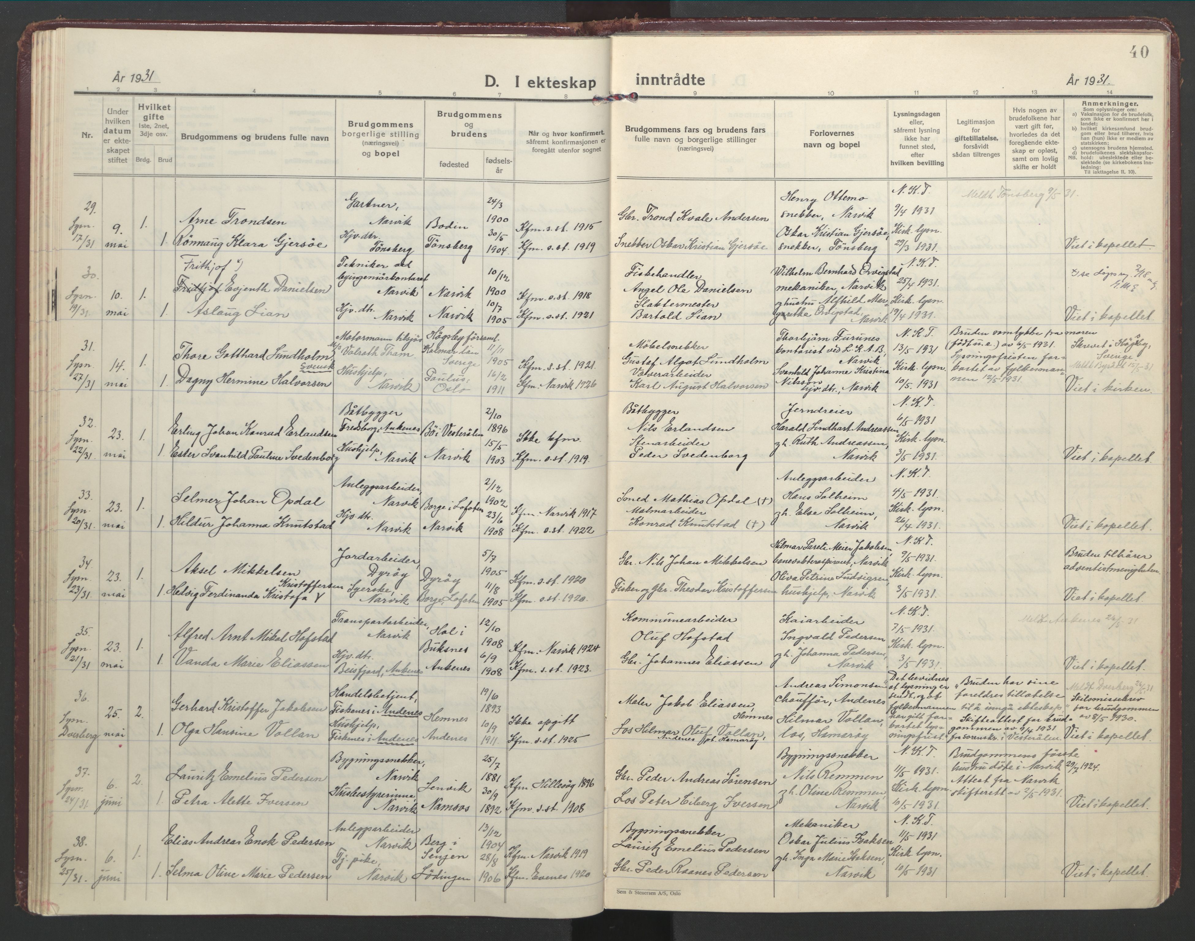 Ministerialprotokoller, klokkerbøker og fødselsregistre - Nordland, AV/SAT-A-1459/871/L1006: Parish register (official) no. 871A22, 1928-1936, p. 40