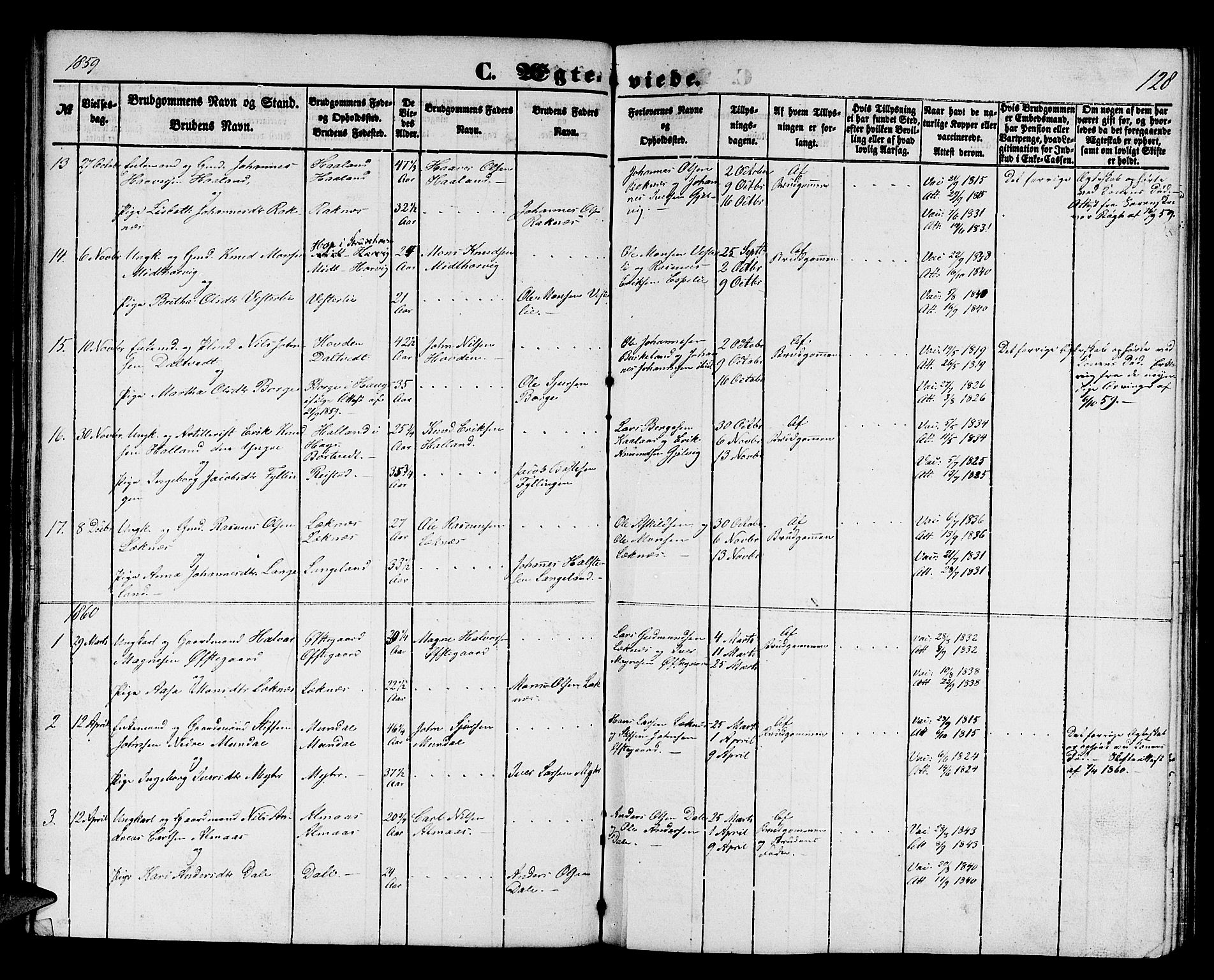 Hamre sokneprestembete, SAB/A-75501/H/Ha/Hab: Parish register (copy) no. B 1, 1852-1863, p. 128