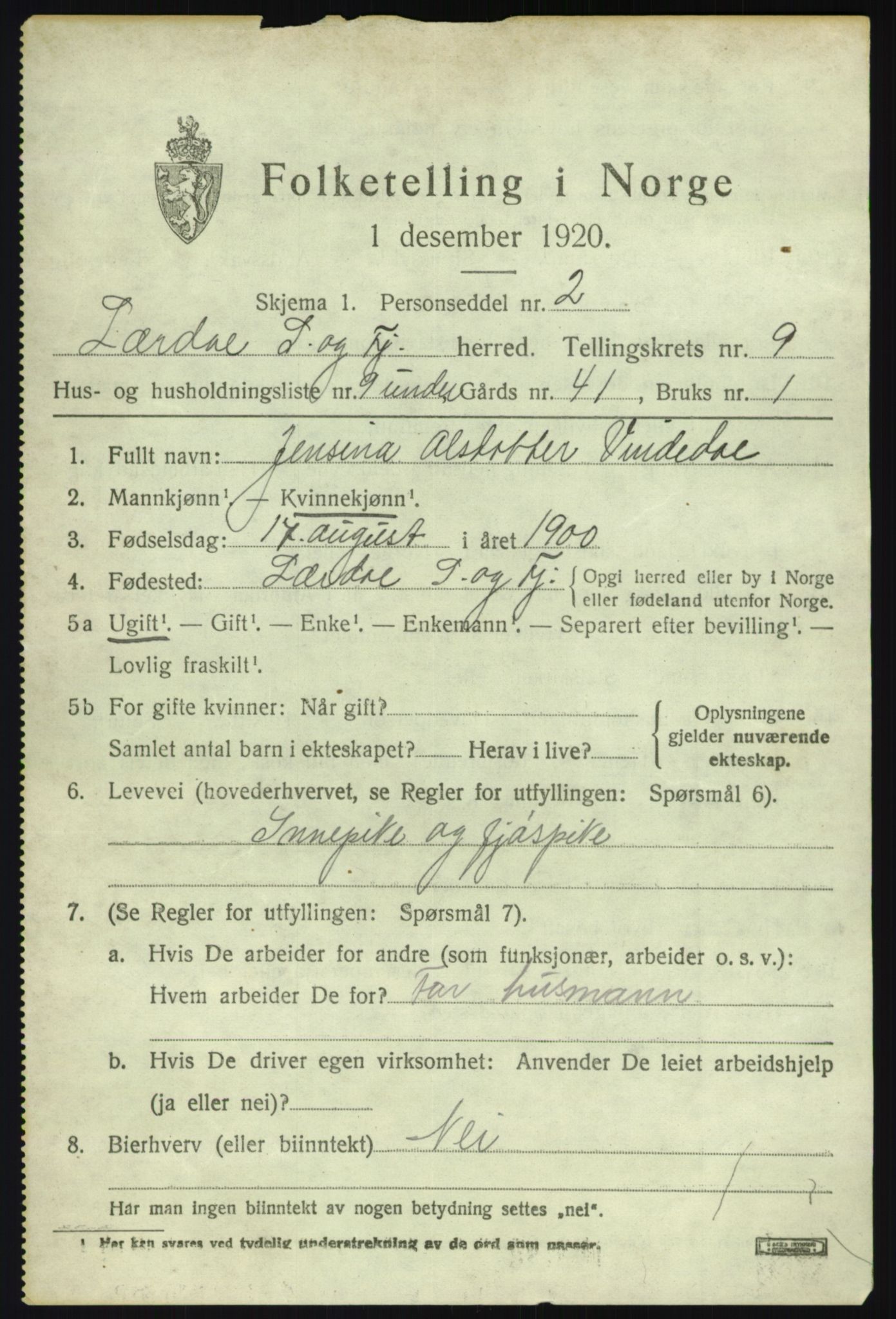 SAB, 1920 census for Lærdal, 1920, p. 4350