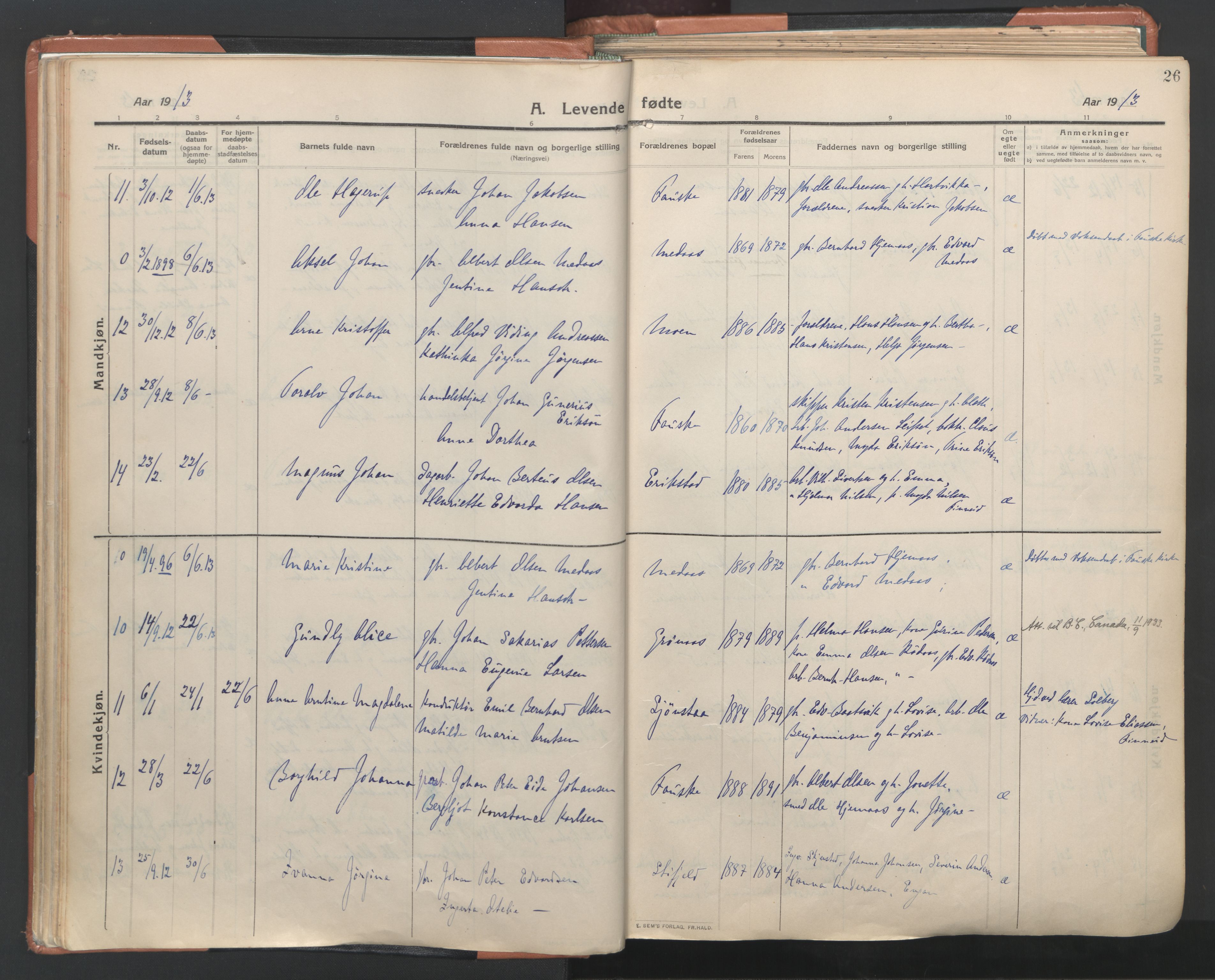 Ministerialprotokoller, klokkerbøker og fødselsregistre - Nordland, SAT/A-1459/849/L0698: Parish register (official) no. 849A09, 1911-1924, p. 26