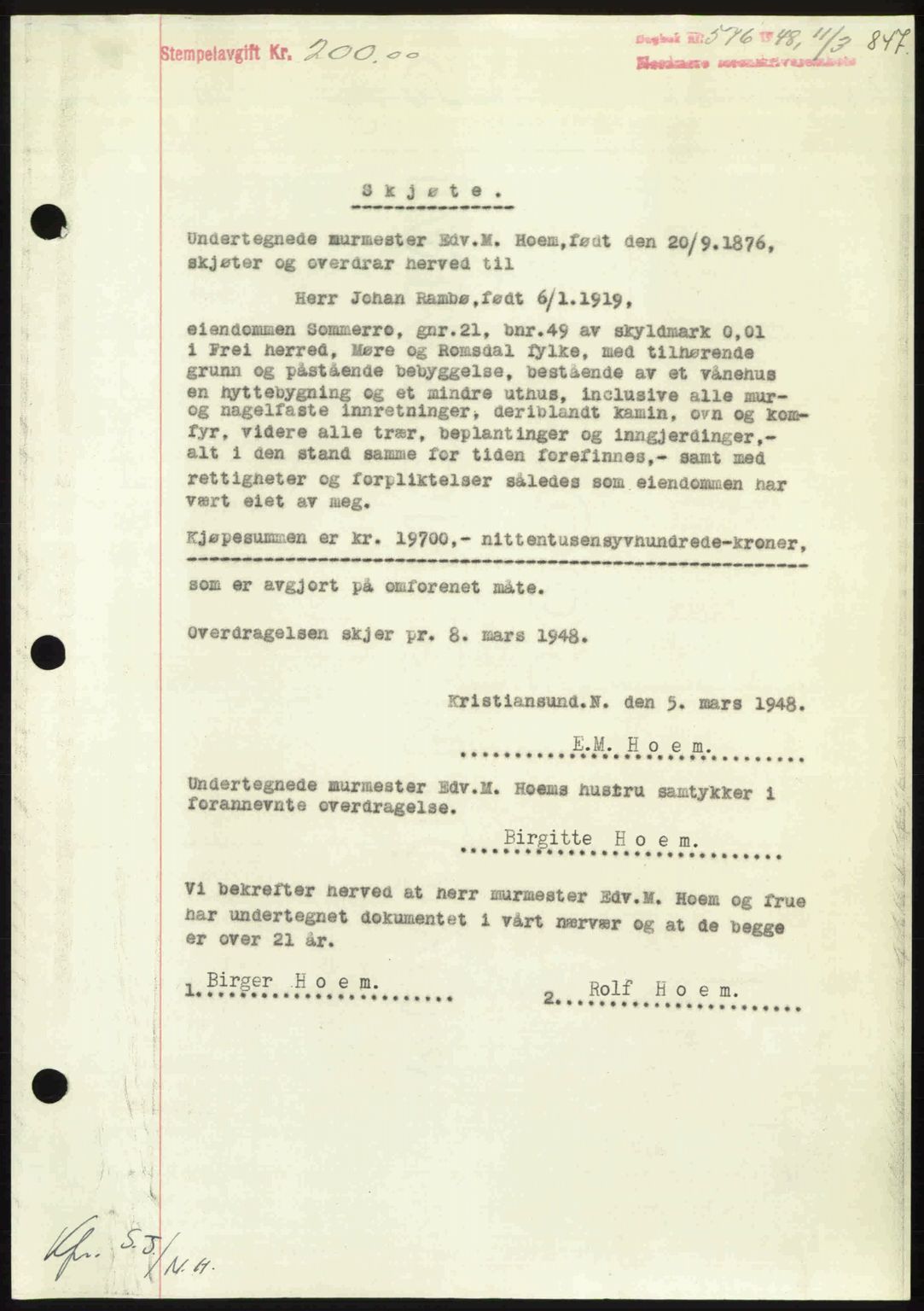 Nordmøre sorenskriveri, AV/SAT-A-4132/1/2/2Ca: Mortgage book no. A107, 1947-1948, Diary no: : 576/1948