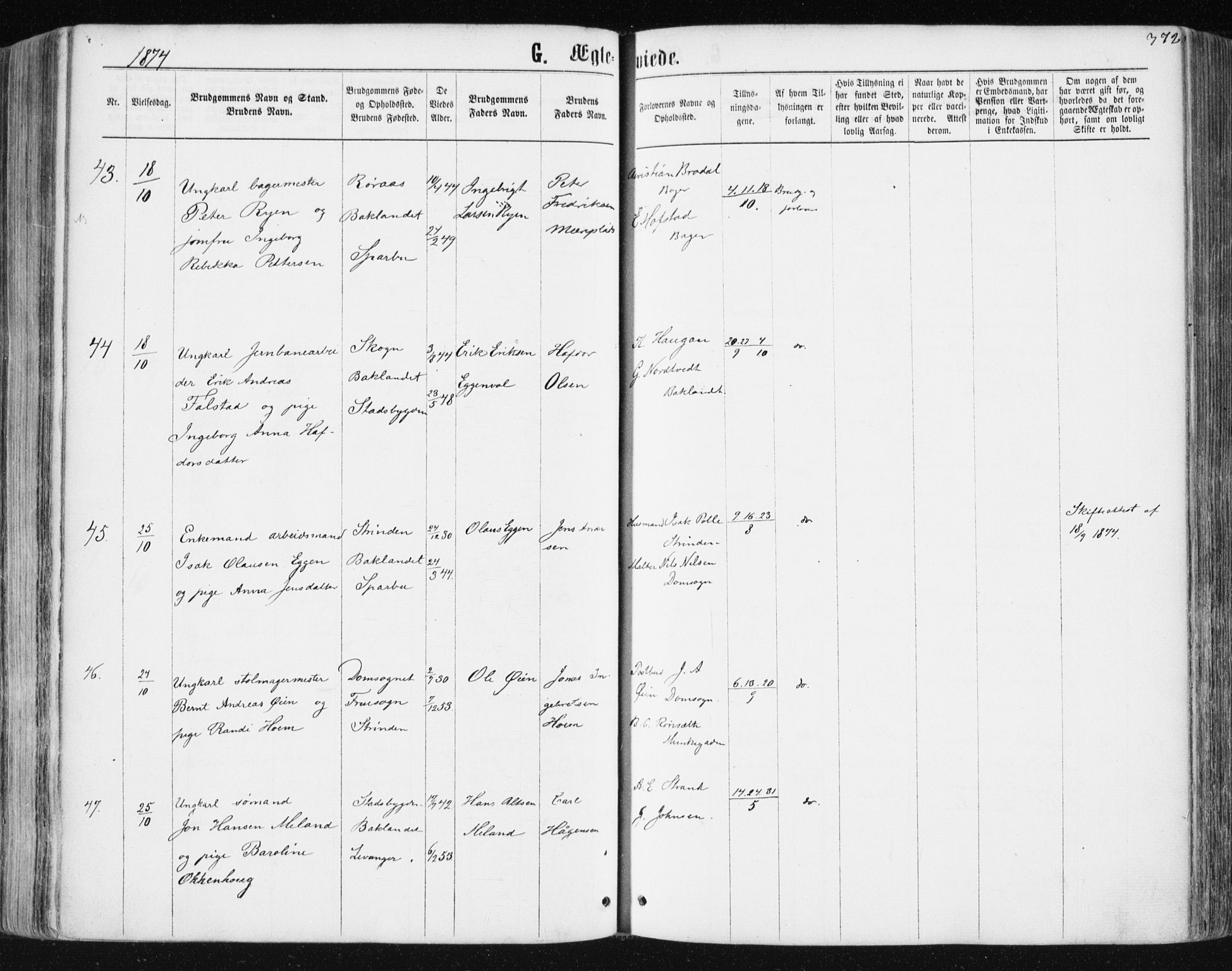 Ministerialprotokoller, klokkerbøker og fødselsregistre - Sør-Trøndelag, SAT/A-1456/604/L0186: Parish register (official) no. 604A07, 1866-1877, p. 372