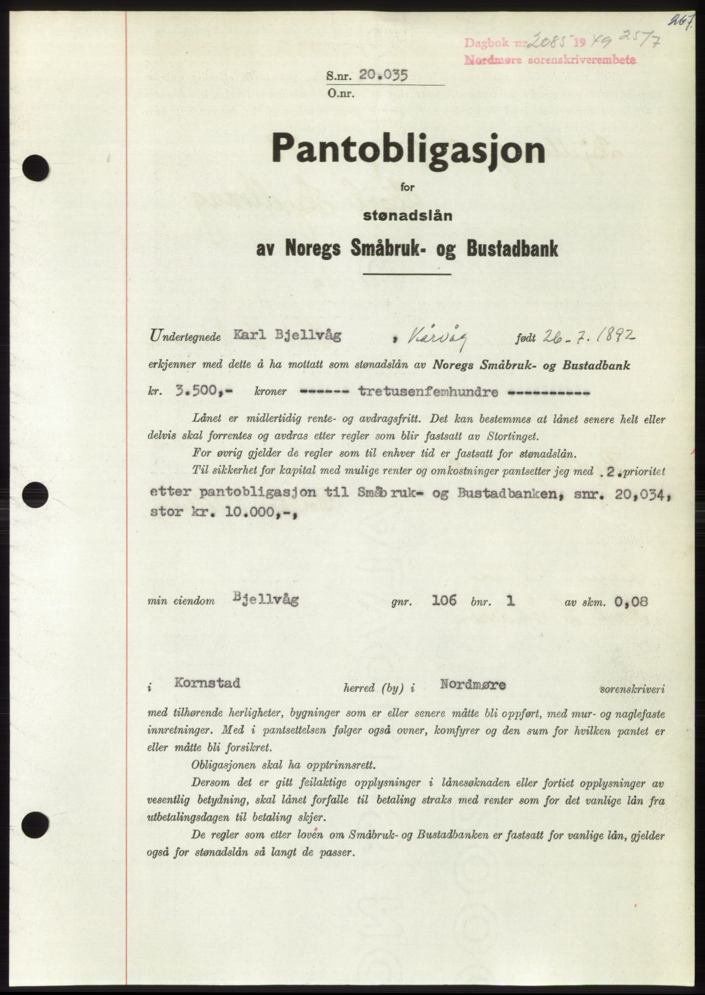 Nordmøre sorenskriveri, AV/SAT-A-4132/1/2/2Ca: Mortgage book no. B102, 1949-1949, Diary no: : 2085/1949