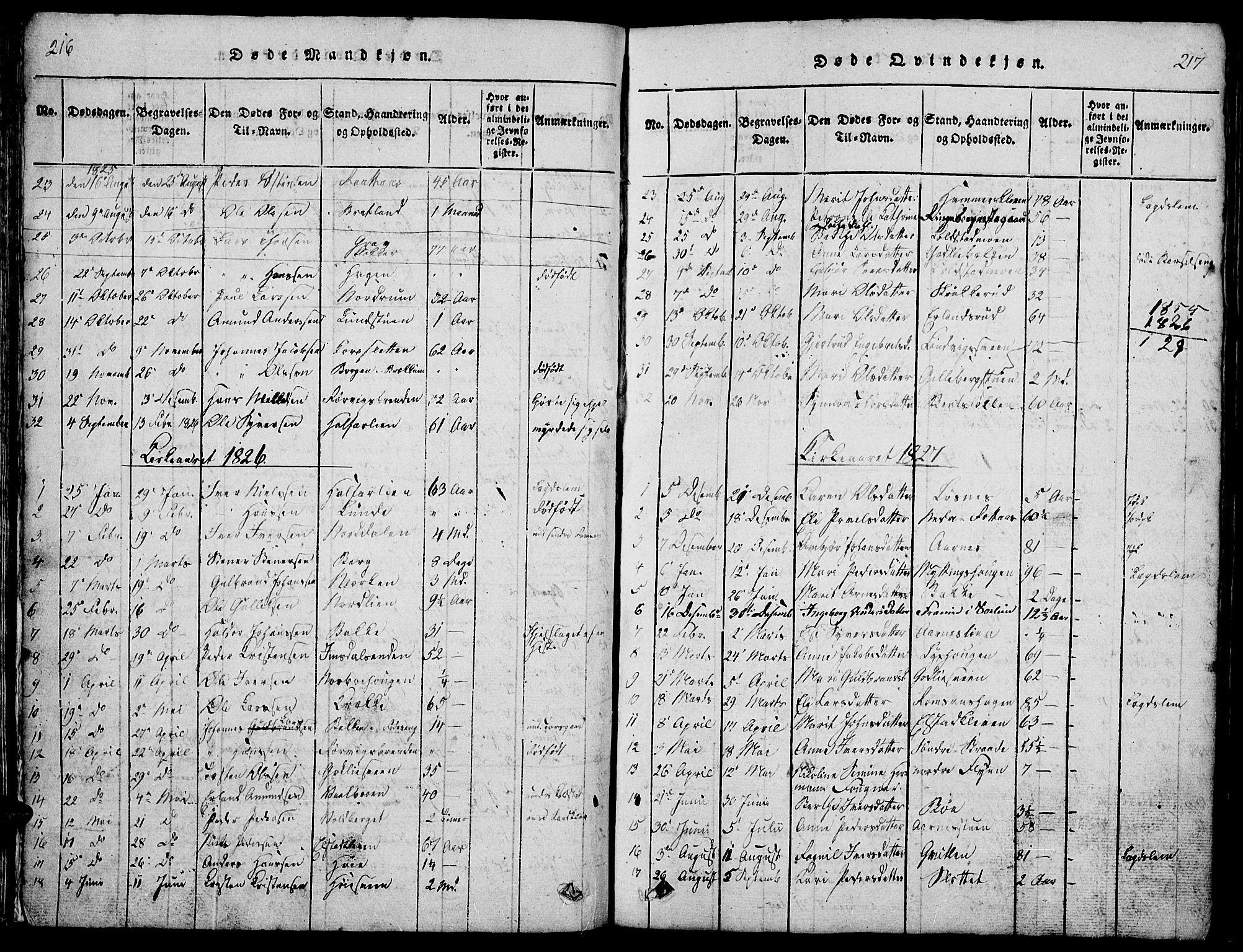 Ringebu prestekontor, SAH/PREST-082/H/Ha/Hab/L0001: Parish register (copy) no. 1, 1821-1839, p. 216-217
