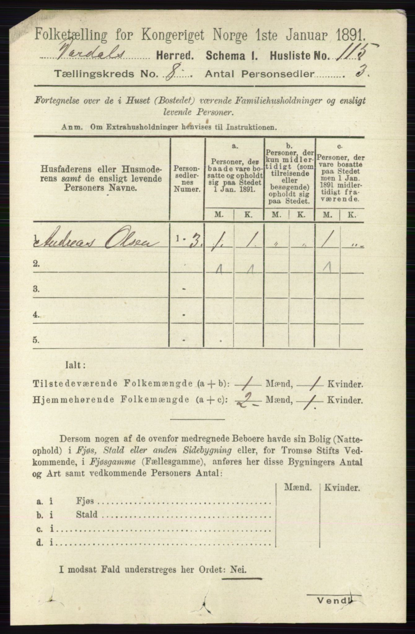 RA, 1891 census for 0527 Vardal, 1891, p. 3685