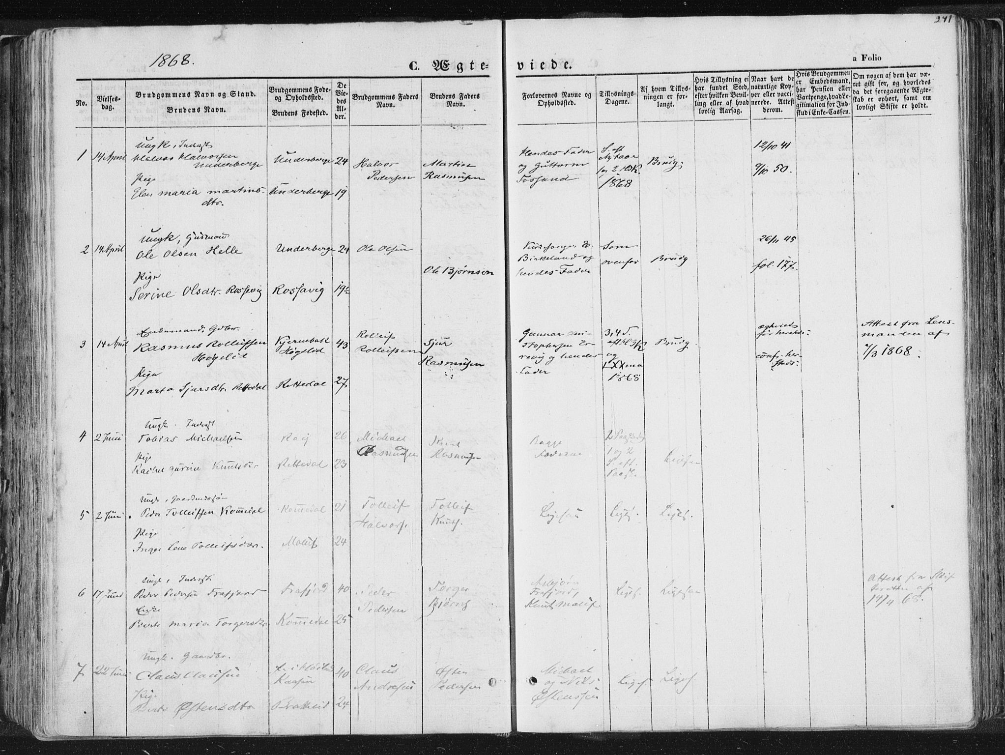 Høgsfjord sokneprestkontor, AV/SAST-A-101624/H/Ha/Haa/L0001: Parish register (official) no. A 1, 1854-1875, p. 241