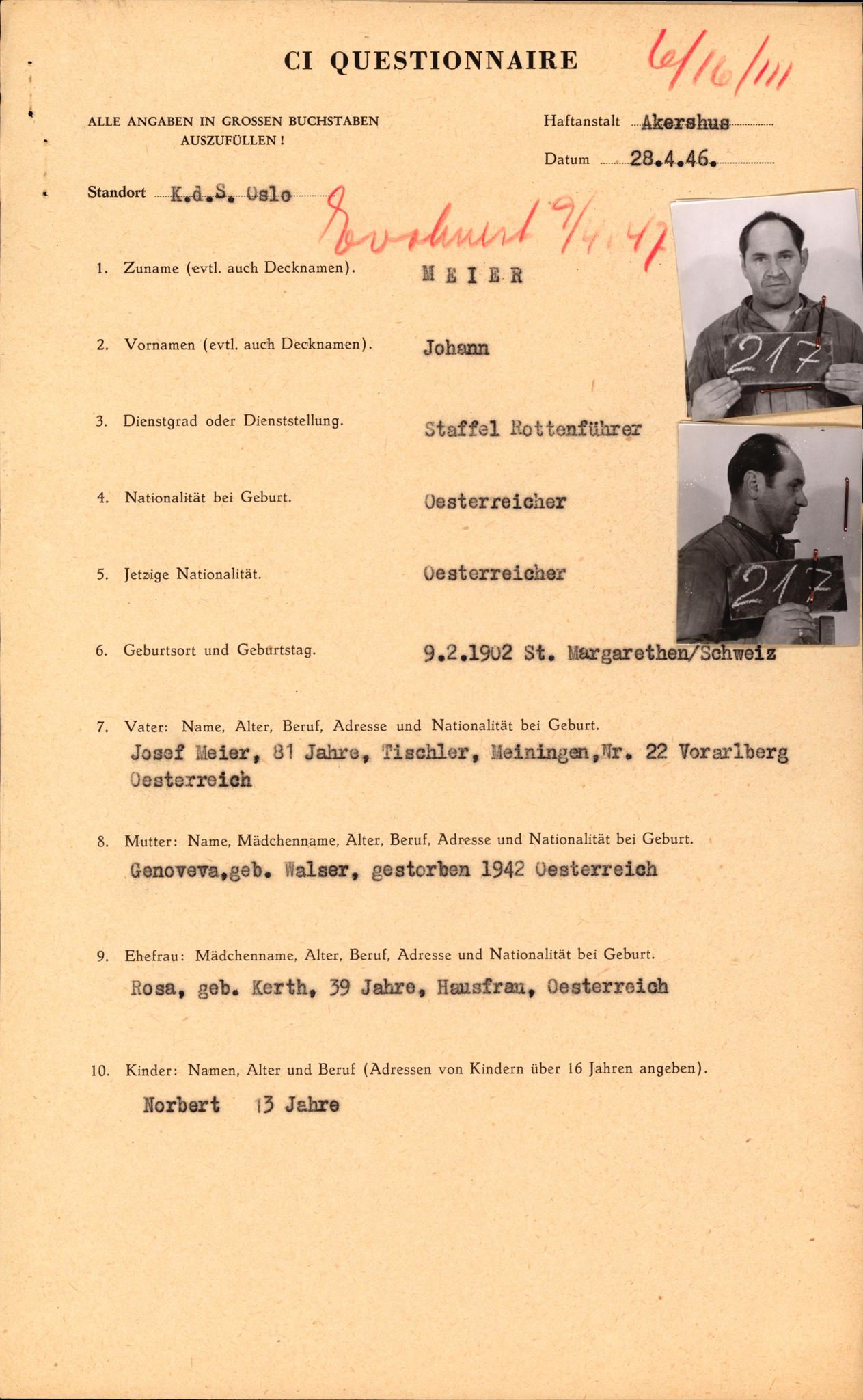 Forsvaret, Forsvarets overkommando II, AV/RA-RAFA-3915/D/Db/L0039: CI Questionaires. Tyske okkupasjonsstyrker i Norge. Østerrikere., 1945-1946, p. 416