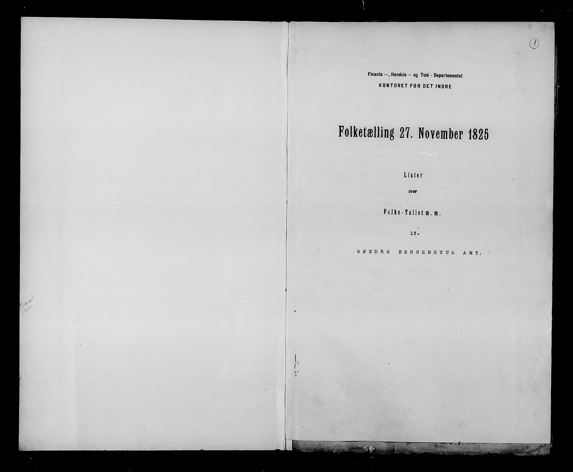 RA, Census 1825, vol. 13: Søndre Bergenhus amt, 1825, p. 1