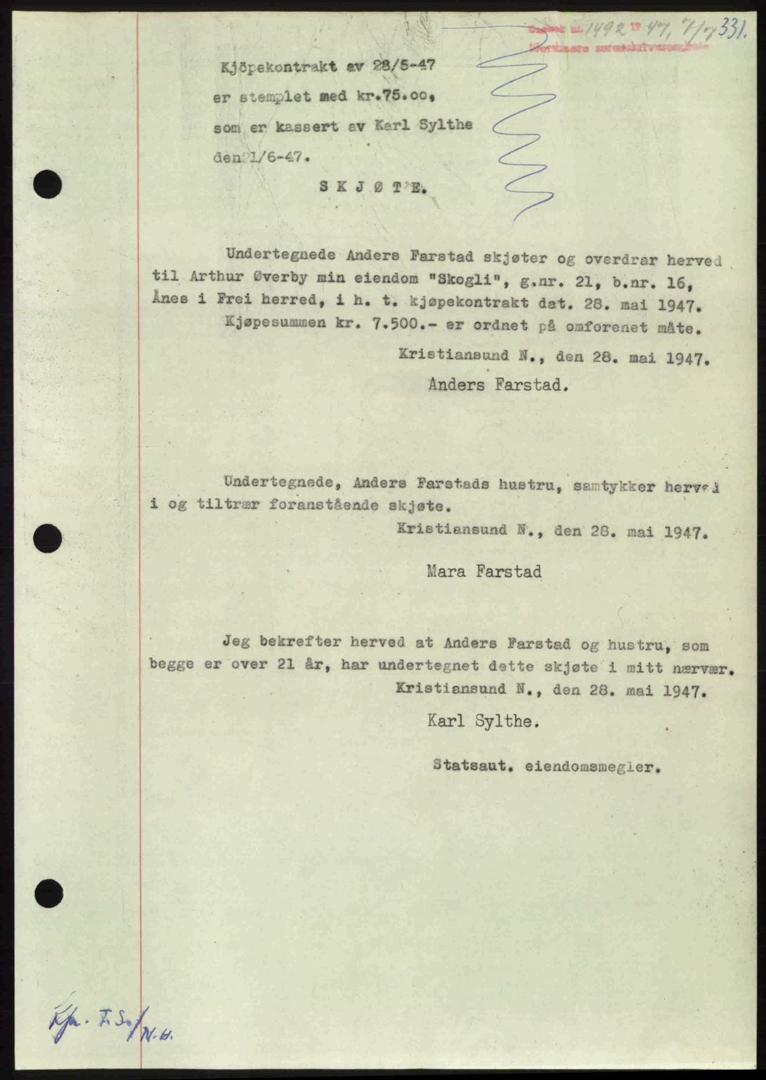 Nordmøre sorenskriveri, AV/SAT-A-4132/1/2/2Ca: Mortgage book no. A105, 1947-1947, Diary no: : 1492/1947