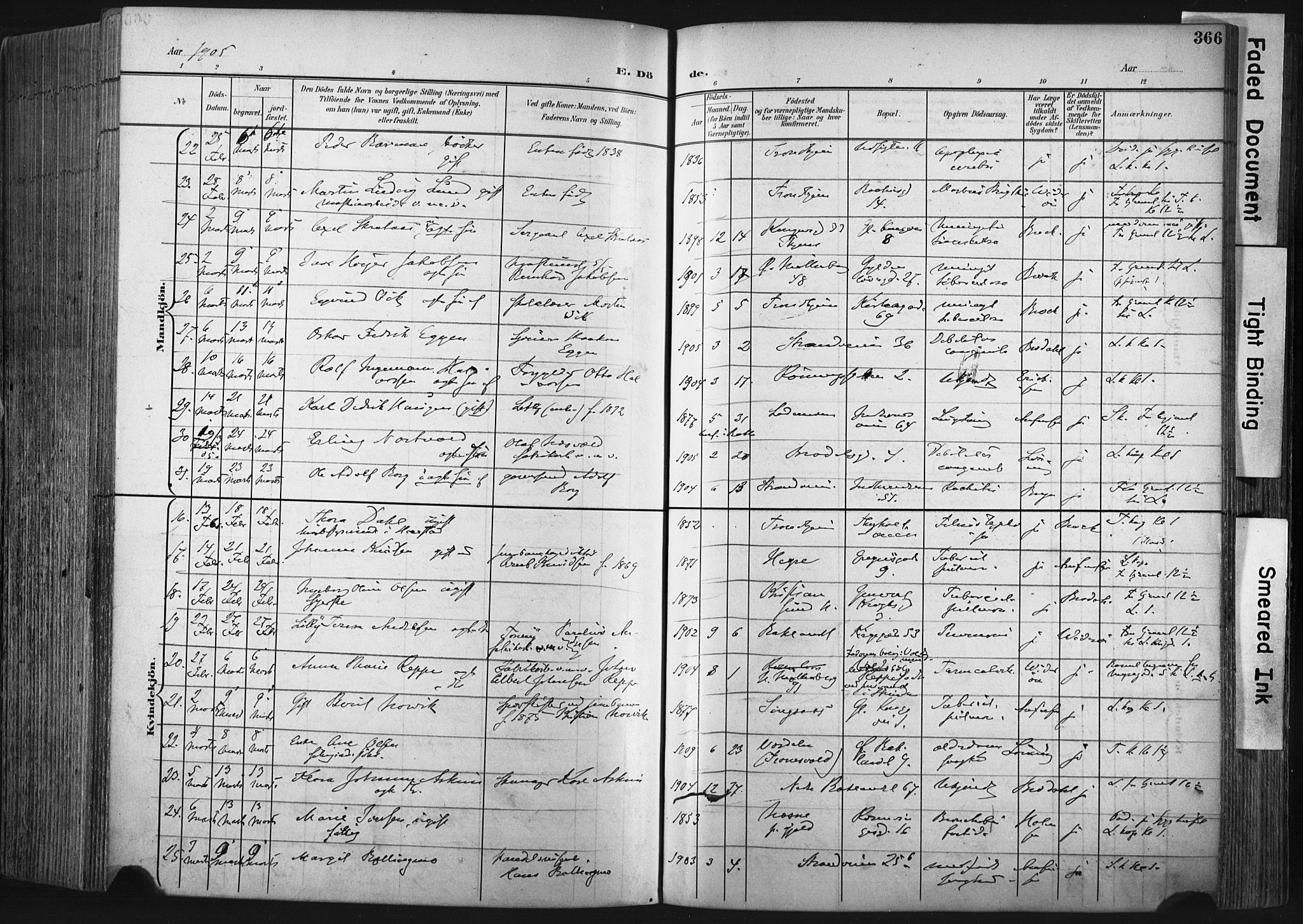 Ministerialprotokoller, klokkerbøker og fødselsregistre - Sør-Trøndelag, SAT/A-1456/604/L0201: Parish register (official) no. 604A21, 1901-1911, p. 366