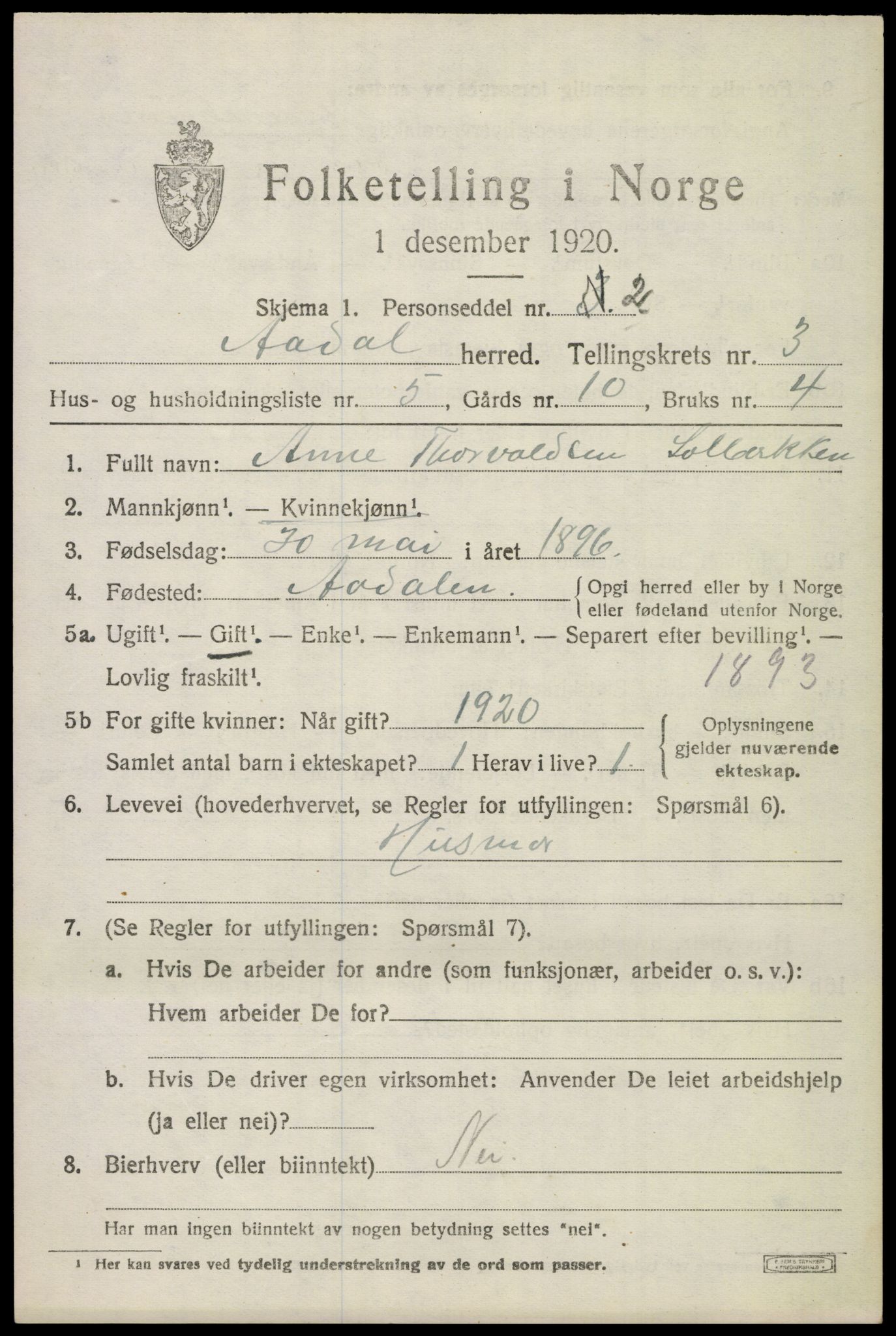 SAKO, 1920 census for Ådal, 1920, p. 3006