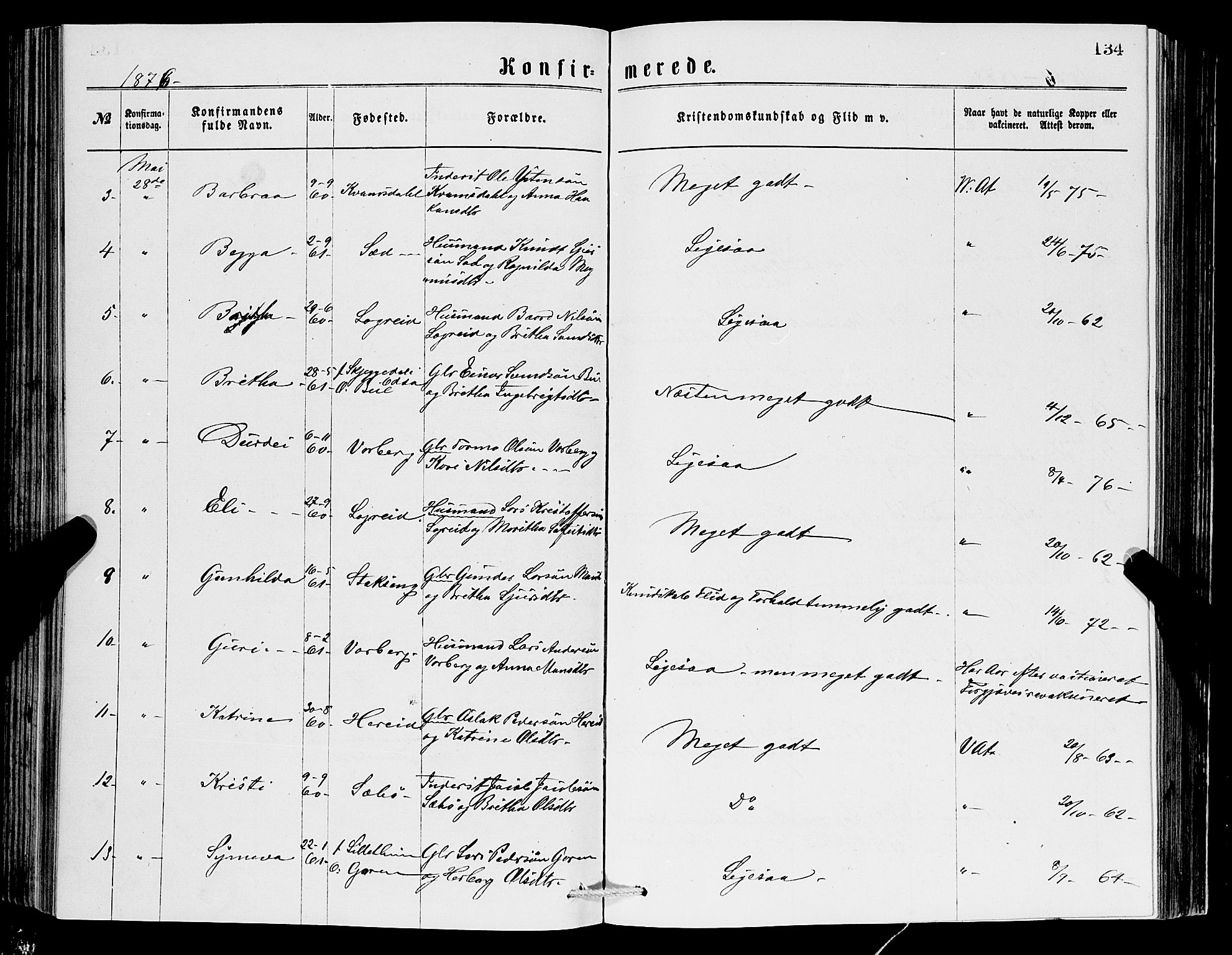 Ullensvang sokneprestembete, SAB/A-78701/H/Hab: Parish register (copy) no. C 2, 1871-1899, p. 134