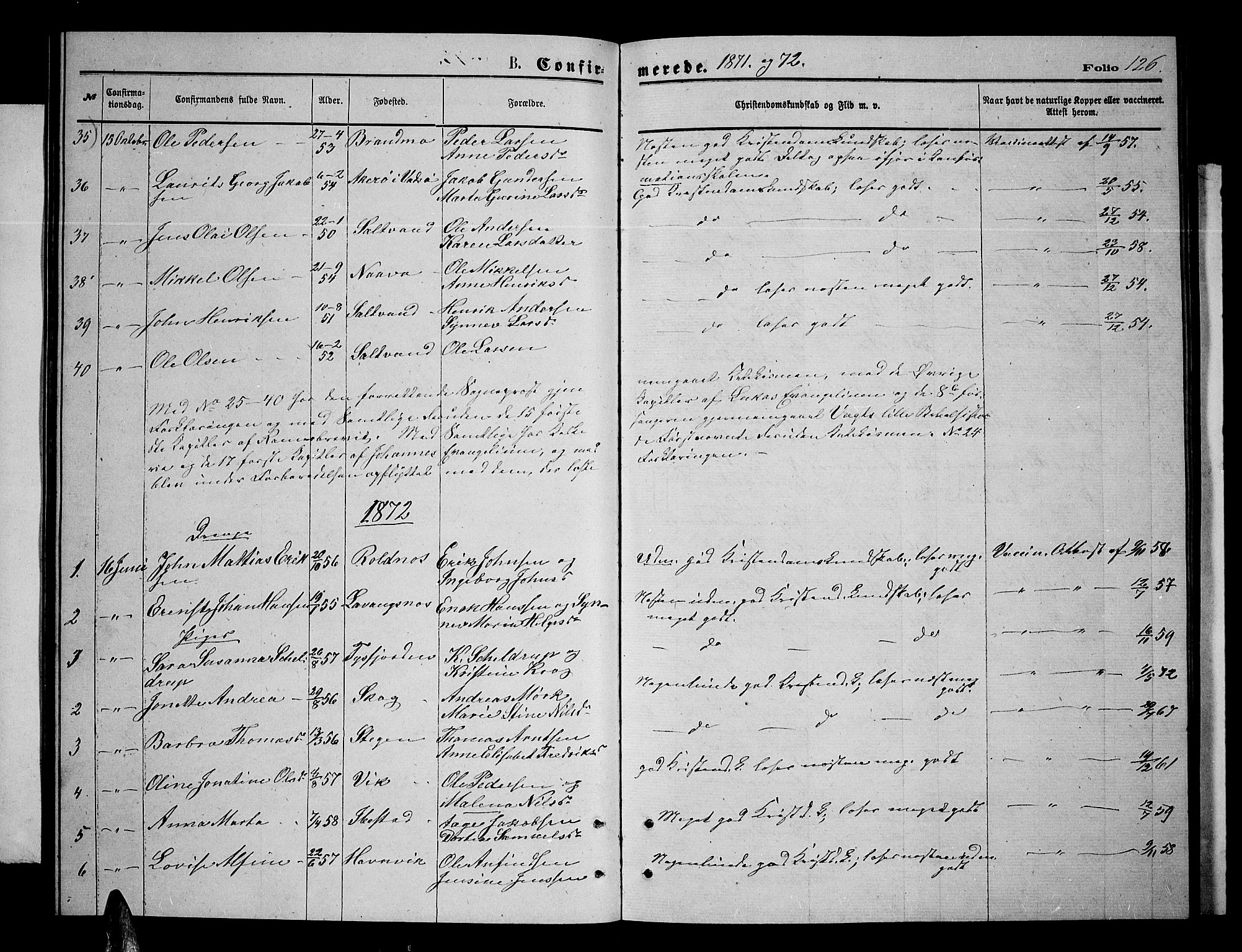 Ibestad sokneprestembete, SATØ/S-0077/H/Ha/Hab/L0006klokker: Parish register (copy) no. 6, 1871-1879, p. 126