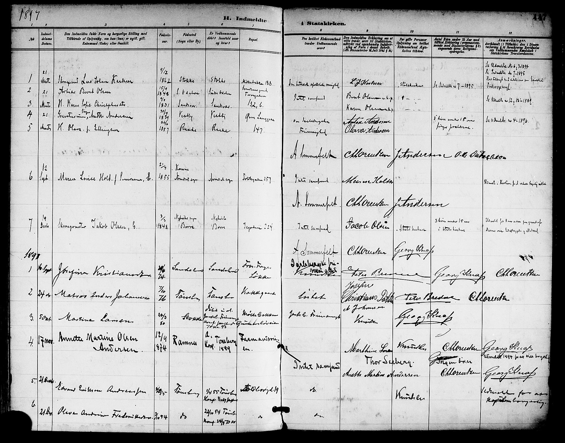 Tønsberg kirkebøker, SAKO/A-330/F/Fa/L0012: Parish register (official) no. I 12, 1891-1899, p. 447