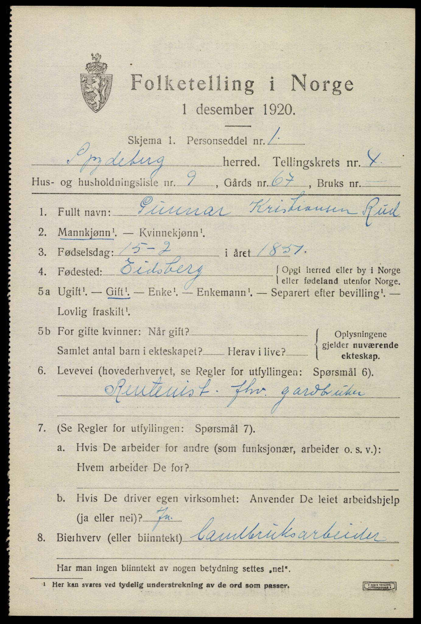 SAO, 1920 census for Spydeberg, 1920, p. 5645