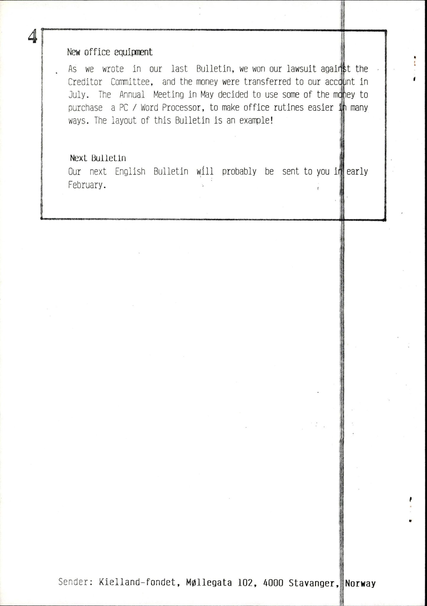 Pa 1660 - Kielland- fondet, AV/SAST-A-102242/X/Xa/L0001: Rapport til overlevende og etterlatte/ Kielland Bulletin, 1980-1998