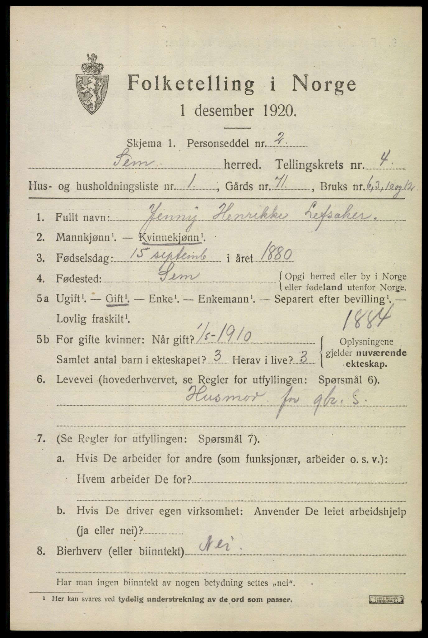 SAKO, 1920 census for Sem, 1920, p. 7073