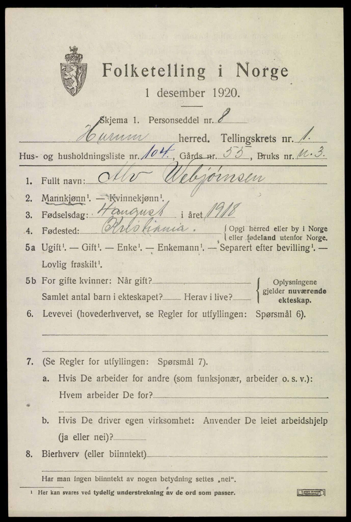 SAKO, 1920 census for Hurum, 1920, p. 3108