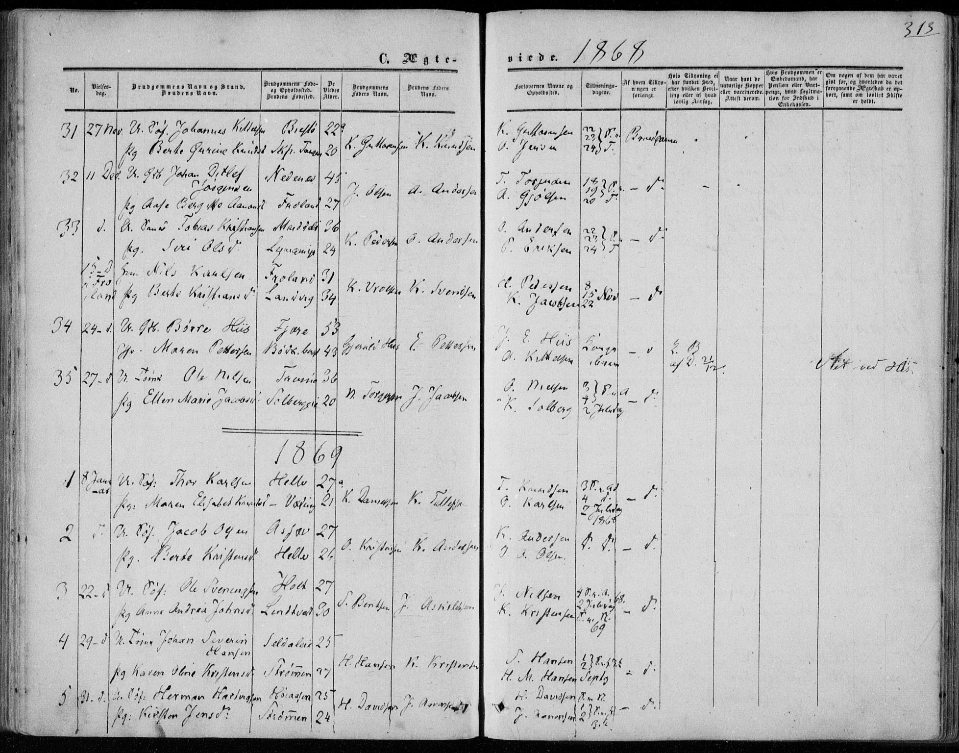 Øyestad sokneprestkontor, SAK/1111-0049/F/Fa/L0015: Parish register (official) no. A 15, 1857-1873, p. 313