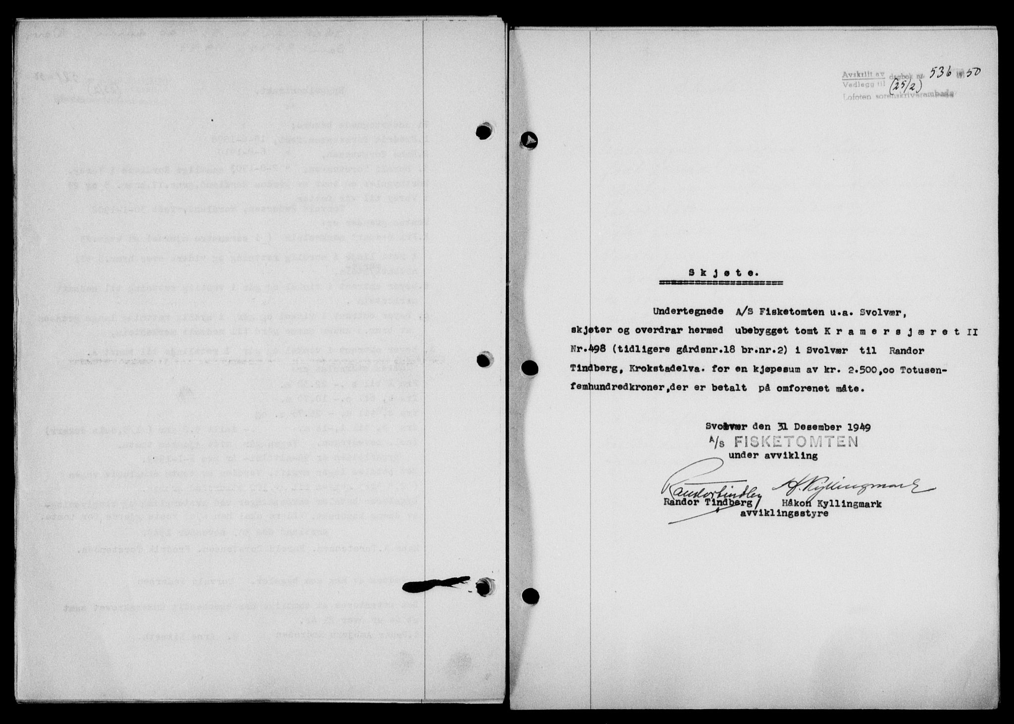 Lofoten sorenskriveri, SAT/A-0017/1/2/2C/L0023a: Mortgage book no. 23a, 1950-1950, Diary no: : 536/1950