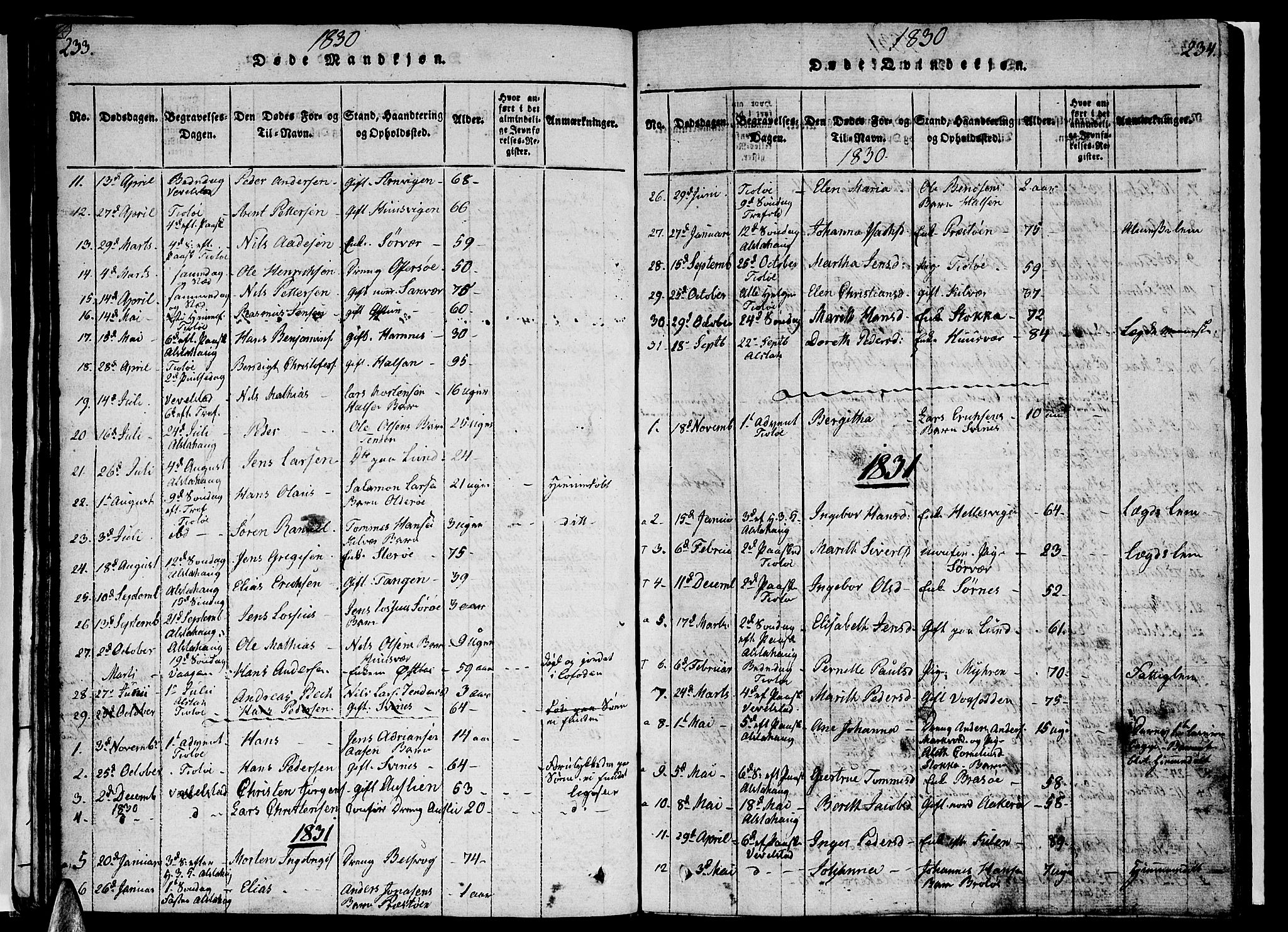 Ministerialprotokoller, klokkerbøker og fødselsregistre - Nordland, AV/SAT-A-1459/830/L0457: Parish register (copy) no. 830C01 /1, 1820-1842, p. 233-234