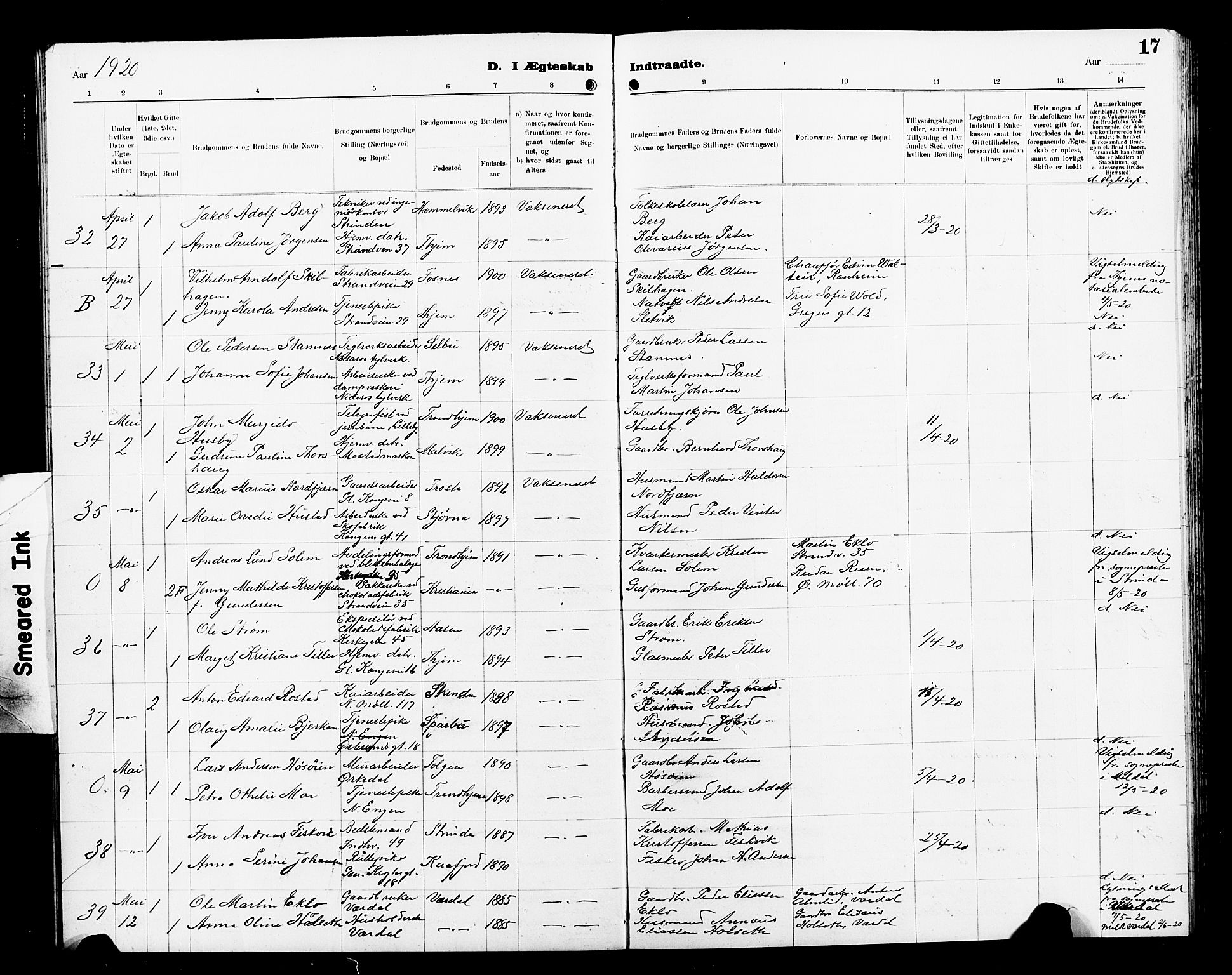 Ministerialprotokoller, klokkerbøker og fødselsregistre - Sør-Trøndelag, SAT/A-1456/605/L0257: Parish register (copy) no. 605C04, 1916-1922, p. 17