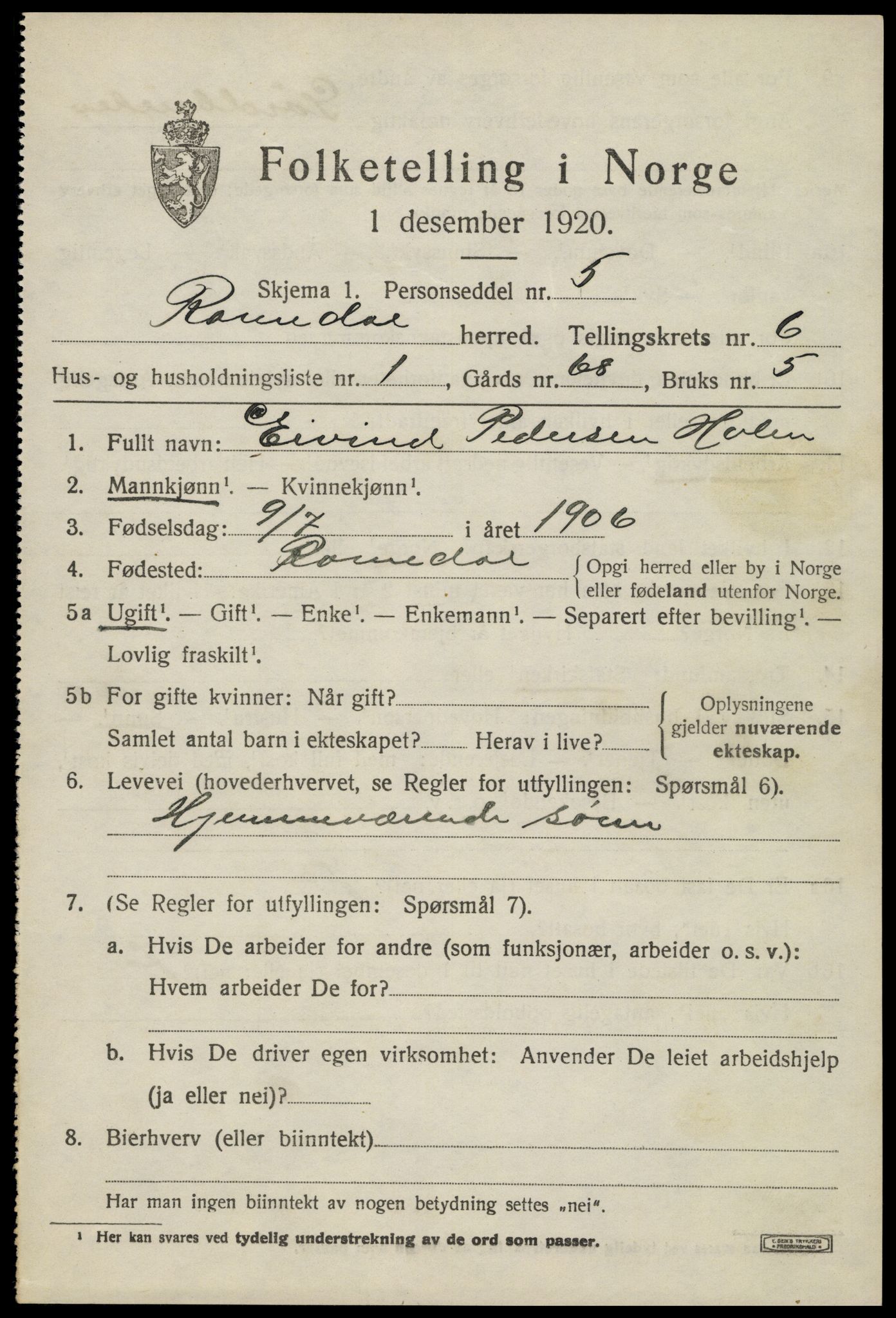 SAH, 1920 census for Romedal, 1920, p. 7781