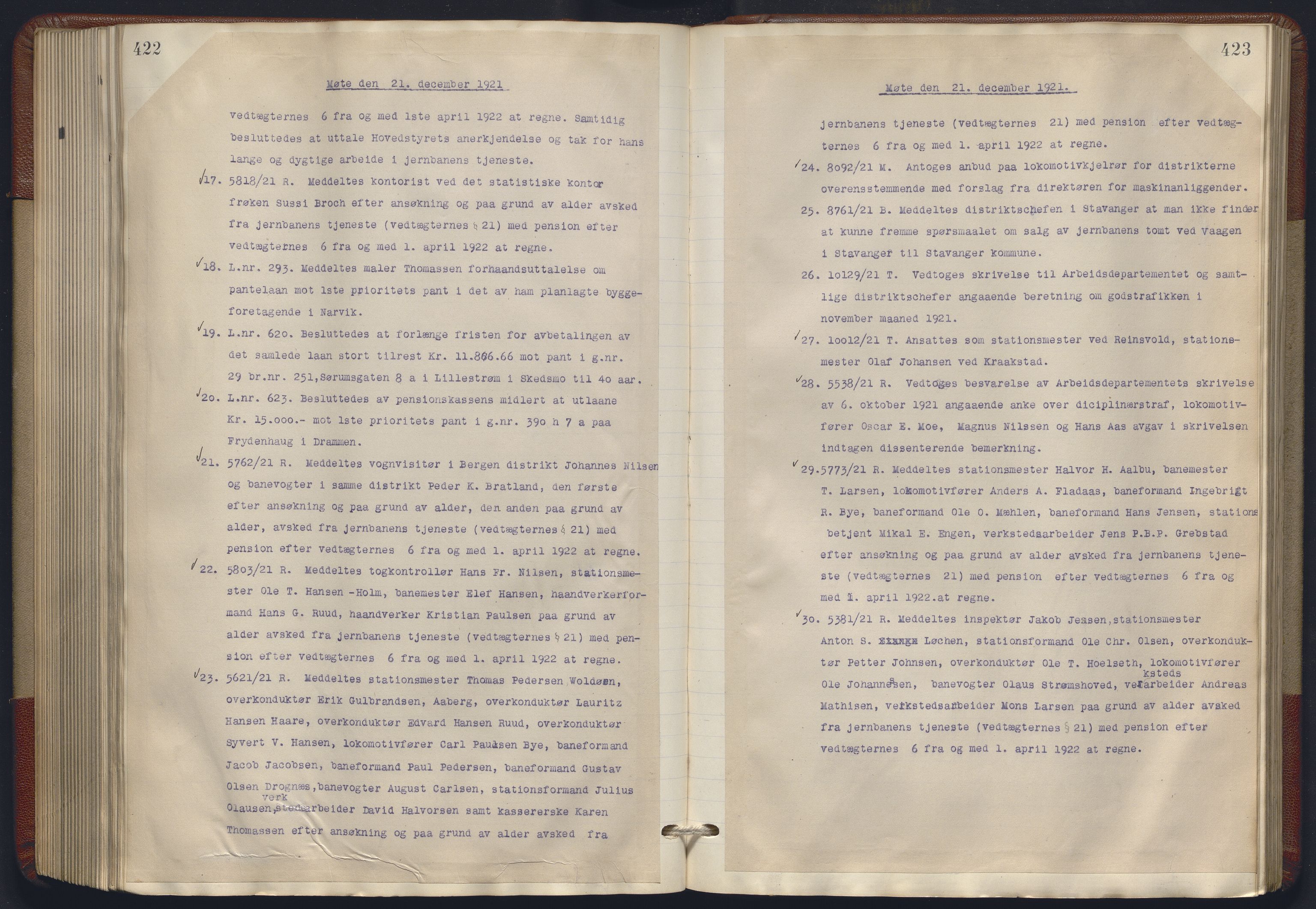 Norges statsbaner, Administrasjons- økonomi- og personalavdelingen, RA/S-3412/A/Aa/L0018: Forhandlingsprotokoll, 1920-1922, p. 422-423