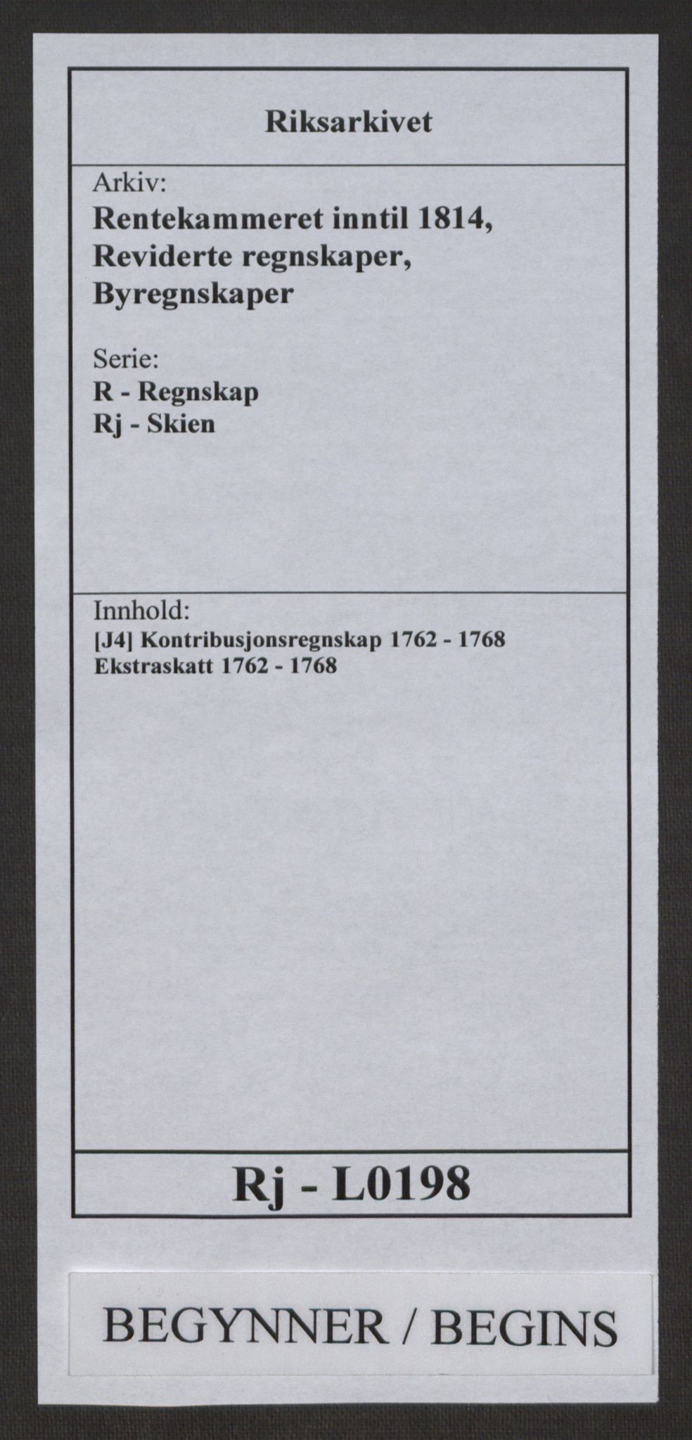 Rentekammeret inntil 1814, Reviderte regnskaper, Byregnskaper, RA/EA-4066/R/Rj/L0198/0001: [J4] Kontribusjonsregnskap / Ekstraskatt, 1762-1768, p. 1