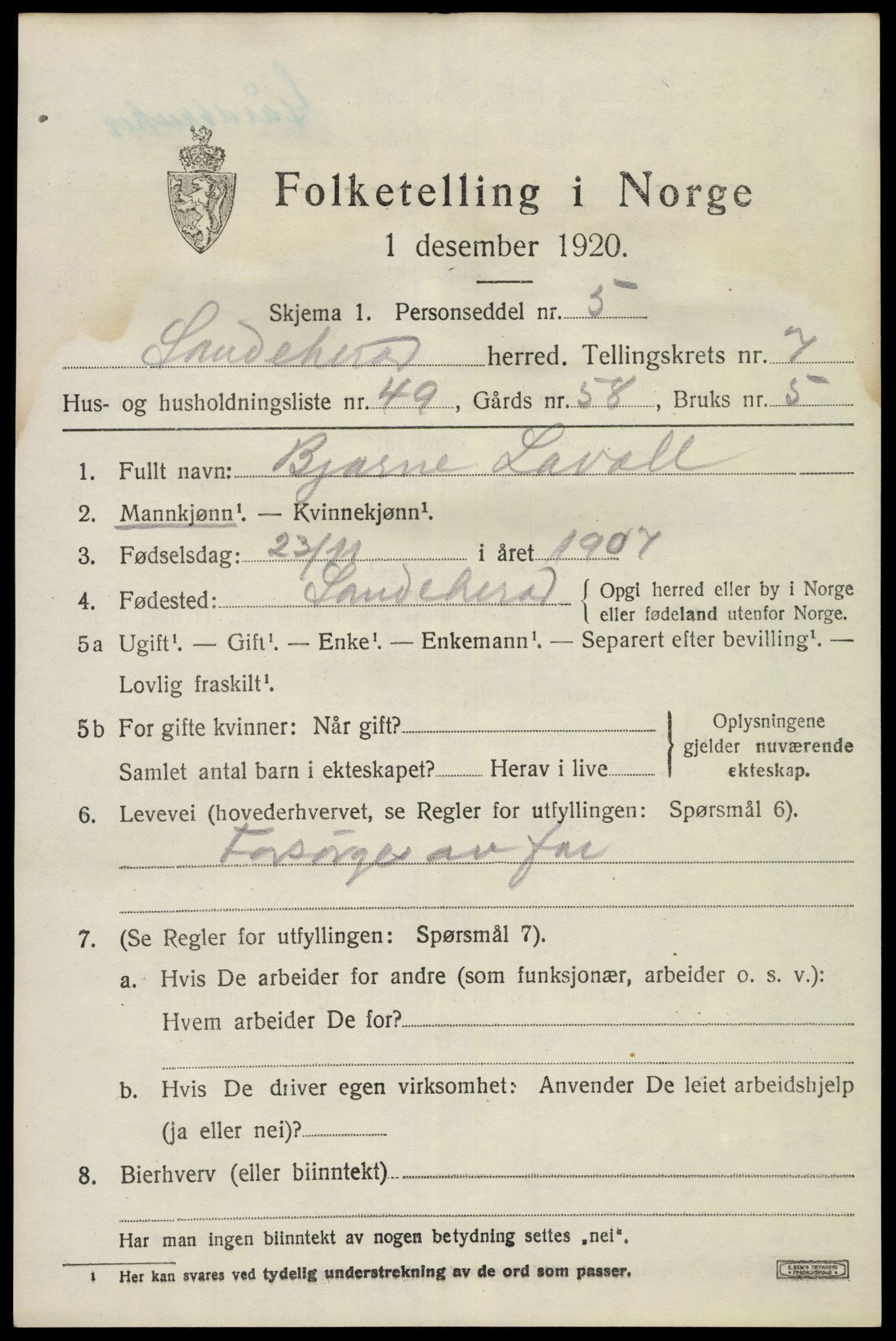 SAKO, 1920 census for Sandeherred, 1920, p. 12496