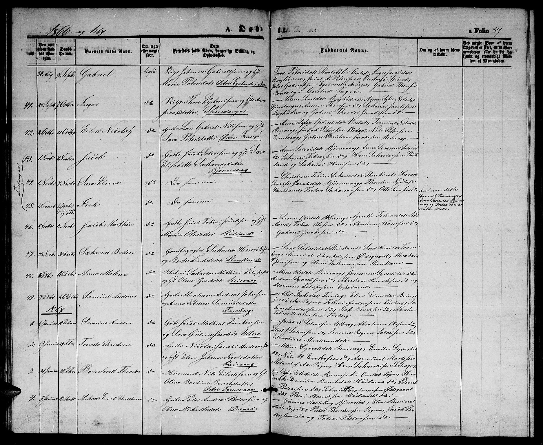 Herad sokneprestkontor, SAK/1111-0018/F/Fb/Fbb/L0002: Parish register (copy) no. B 2, 1853-1871, p. 57