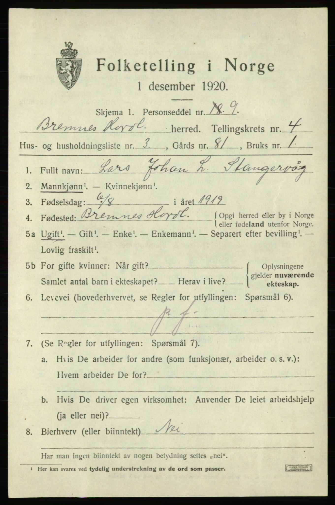 SAB, 1920 census for Bremnes, 1920, p. 1840