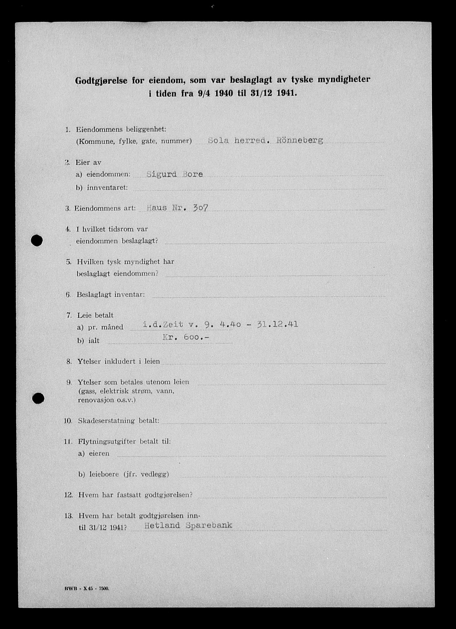 Justisdepartementet, Tilbakeføringskontoret for inndratte formuer, AV/RA-S-1564/I/L1014: Godtgjørelse for beslaglagt eiendom, 1940-1941, p. 199