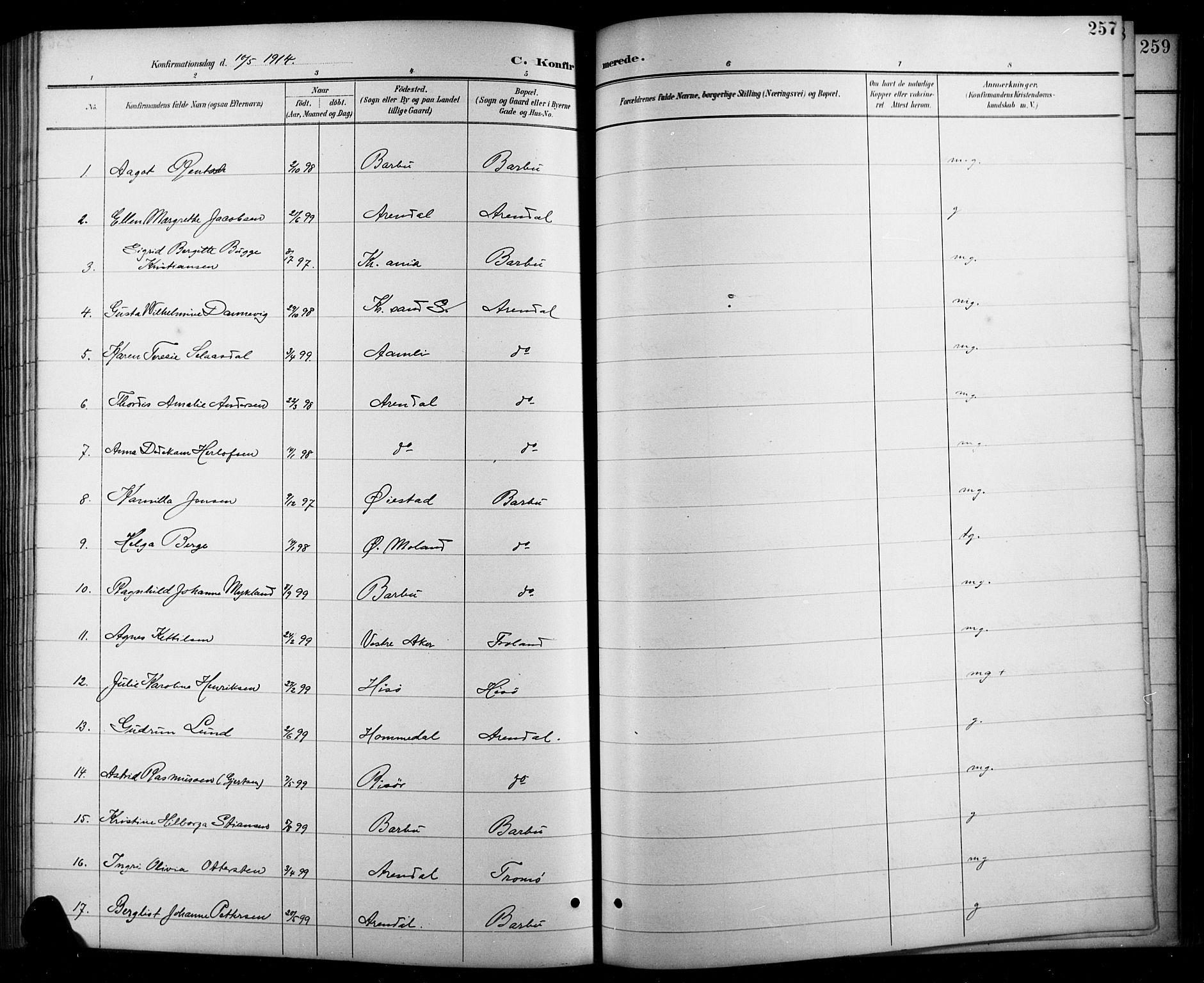 Arendal sokneprestkontor, Trefoldighet, AV/SAK-1111-0040/F/Fb/L0006: Parish register (copy) no. B 6, 1889-1916, p. 257