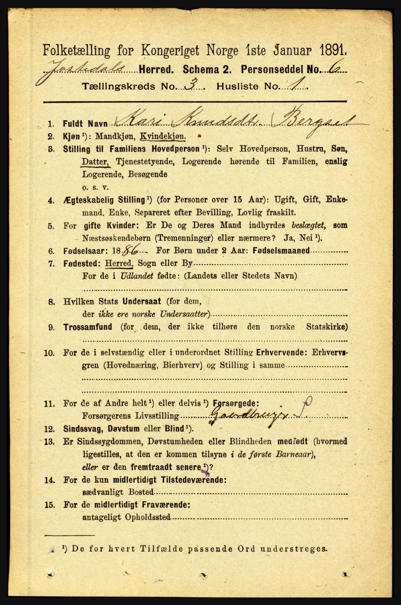 RA, 1891 census for 1427 Jostedal, 1891, p. 900