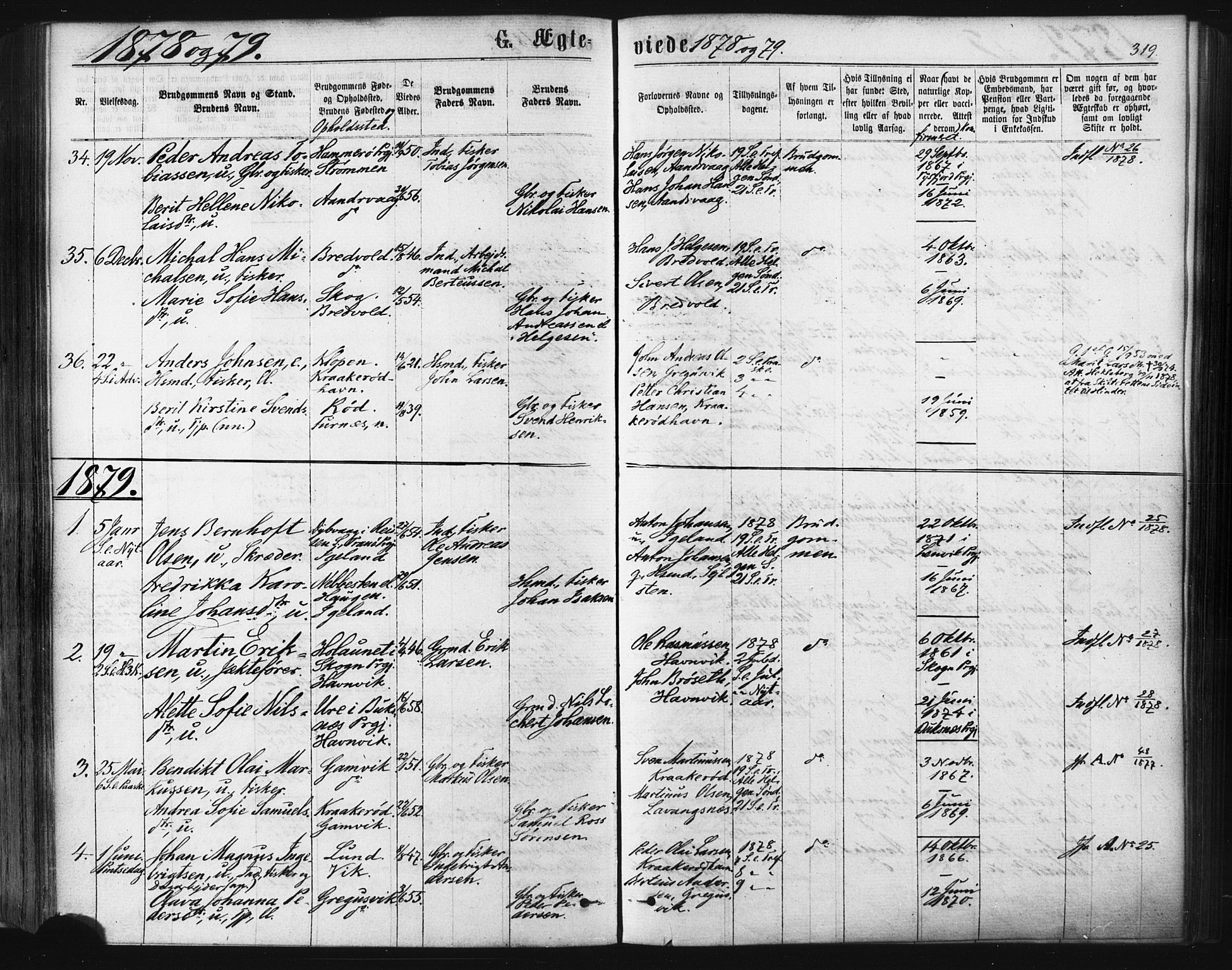 Ibestad sokneprestembete, SATØ/S-0077/H/Ha/Haa/L0010kirke: Parish register (official) no. 10, 1869-1879, p. 319