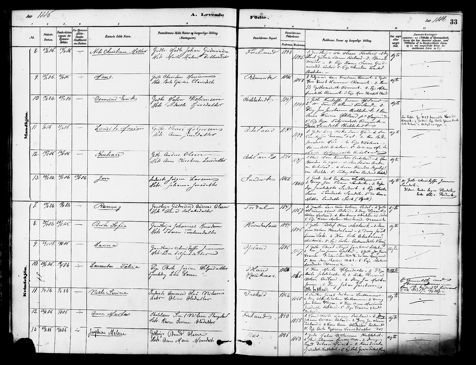 Tysvær sokneprestkontor, AV/SAST-A -101864/H/Ha/Haa/L0006: Parish register (official) no. A 6, 1878-1896, p. 33