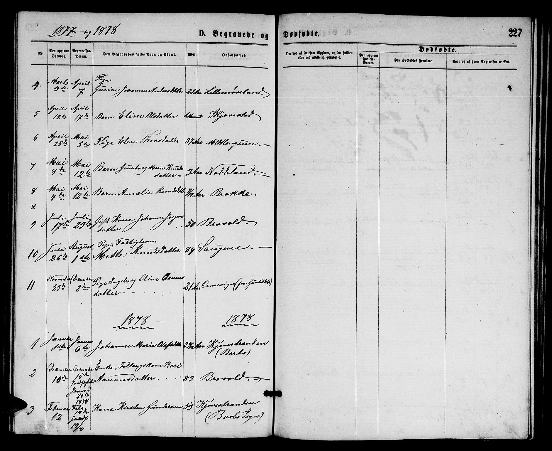 Austre Moland sokneprestkontor, AV/SAK-1111-0001/F/Fb/Fba/L0002: Parish register (copy) no. B 2, 1869-1879, p. 227