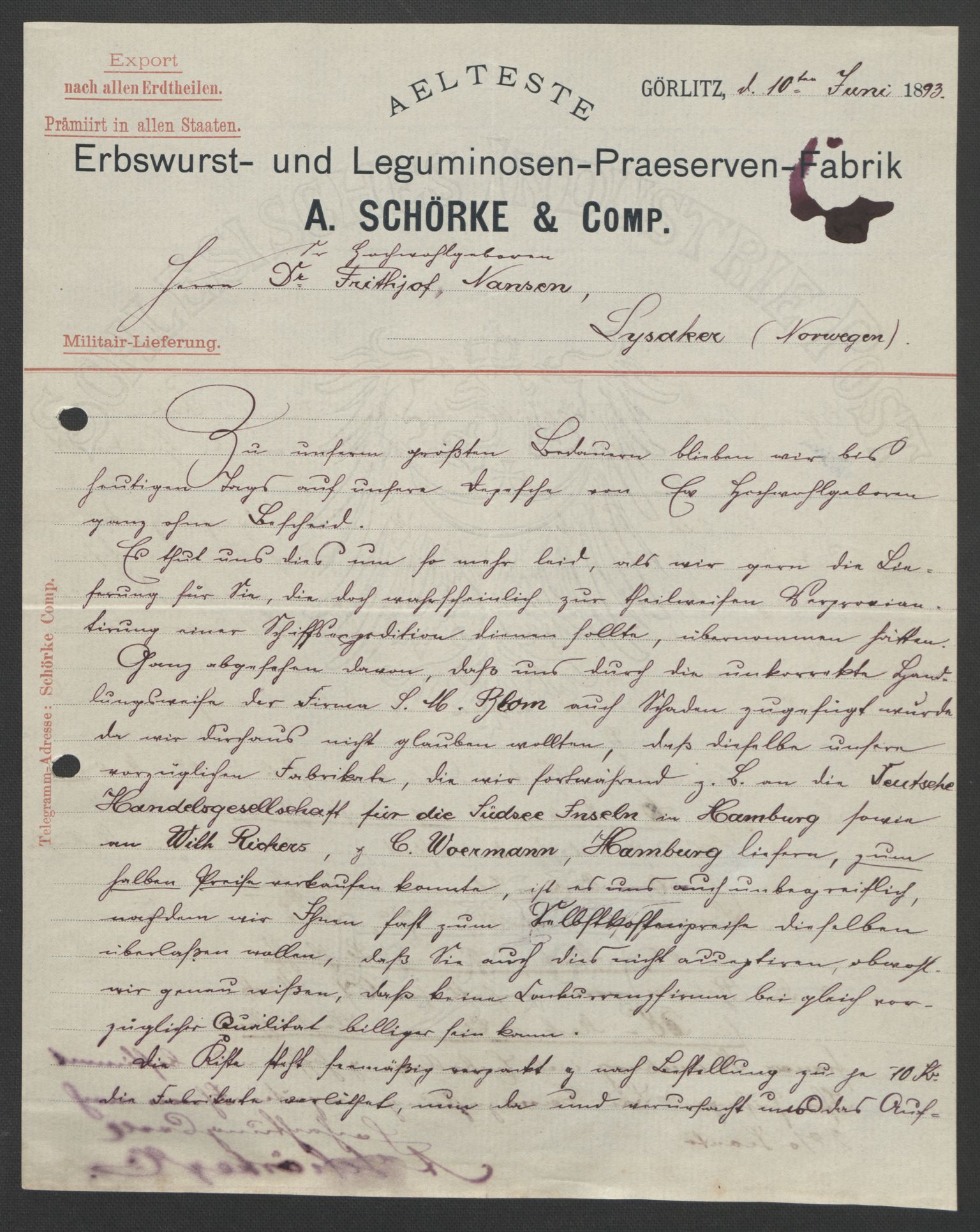 Arbeidskomitéen for Fridtjof Nansens polarekspedisjon, AV/RA-PA-0061/D/L0004: Innk. brev og telegrammer vedr. proviant og utrustning, 1892-1893, p. 783