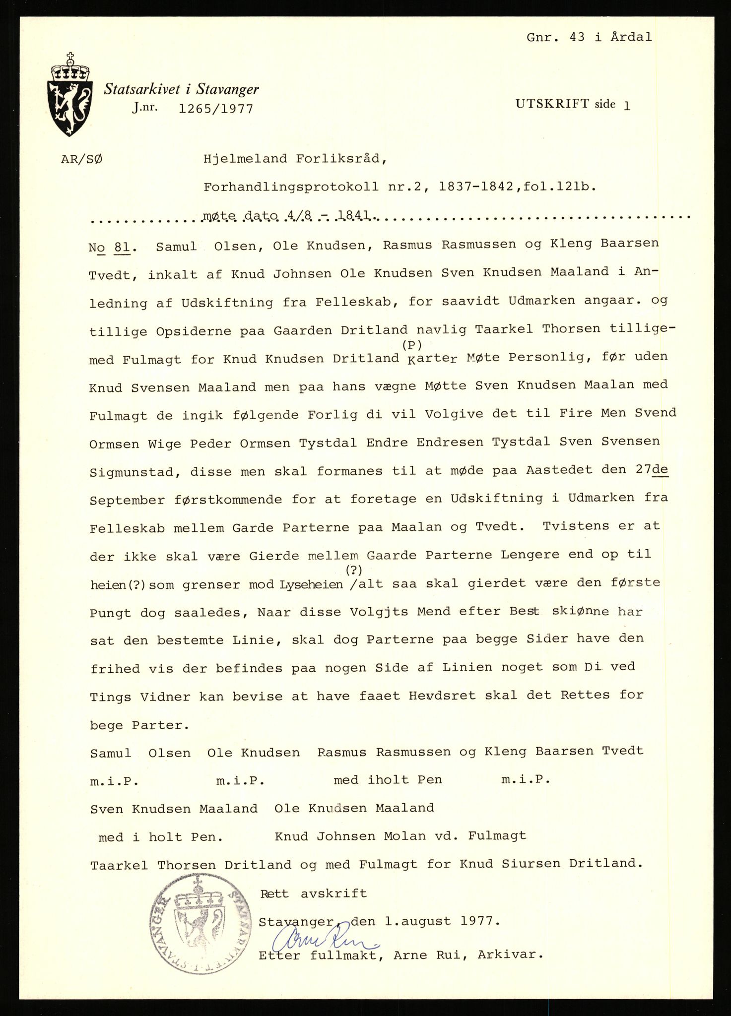Statsarkivet i Stavanger, AV/SAST-A-101971/03/Y/Yj/L0014: Avskrifter sortert etter gårdsnanv: Dalve - Dyrland, 1750-1930, p. 537