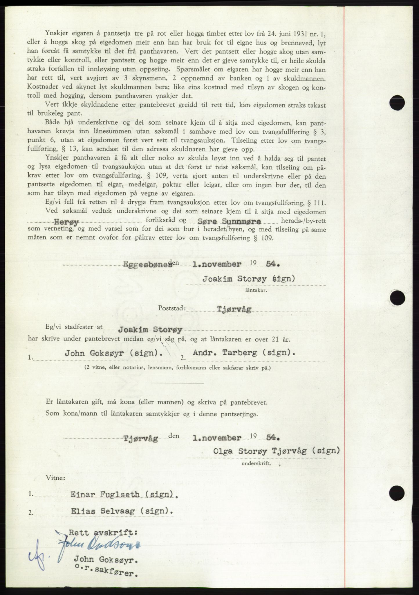 Søre Sunnmøre sorenskriveri, AV/SAT-A-4122/1/2/2C/L0126: Mortgage book no. 14B, 1954-1955, Diary no: : 2968/1954