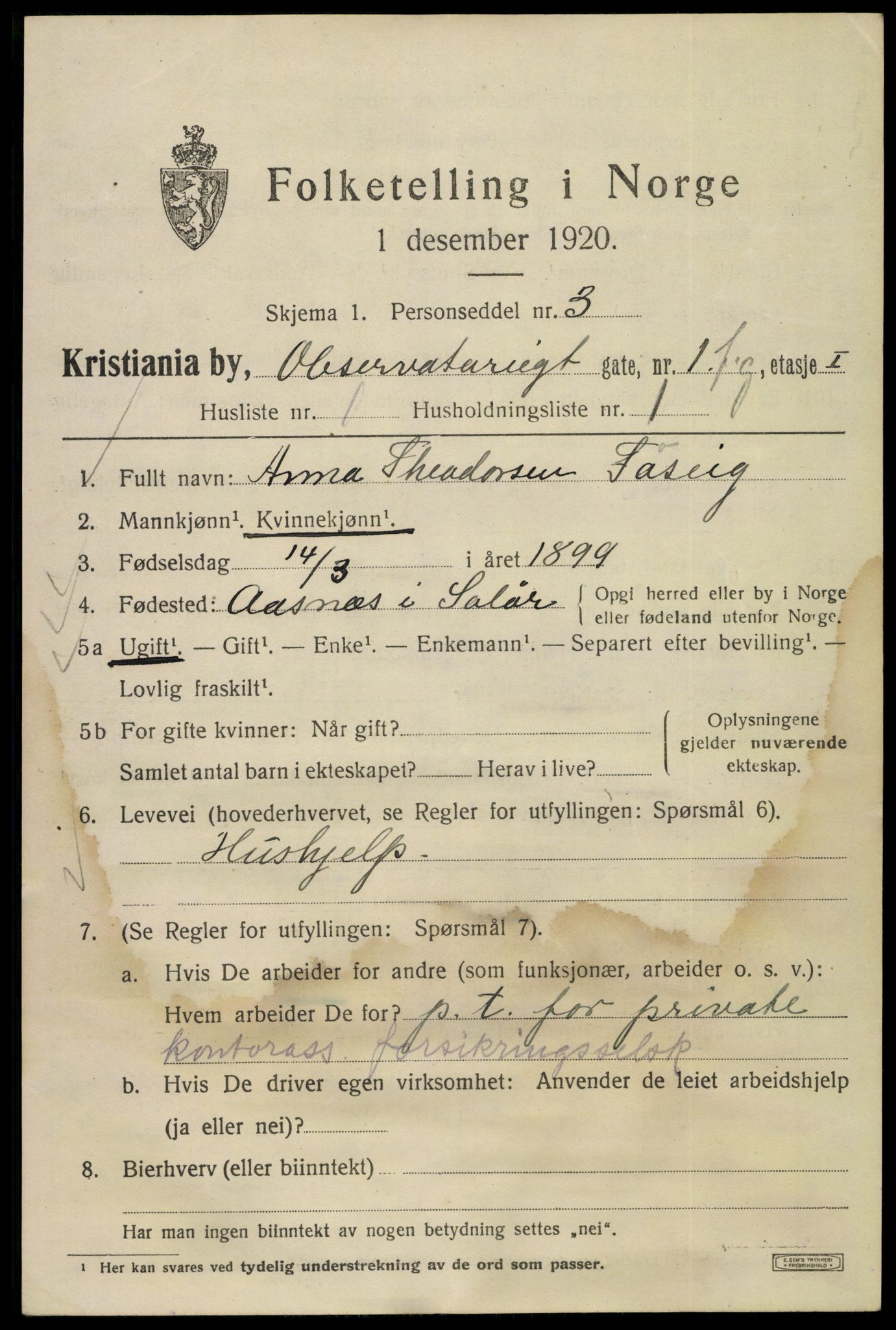 SAO, 1920 census for Kristiania, 1920, p. 428069